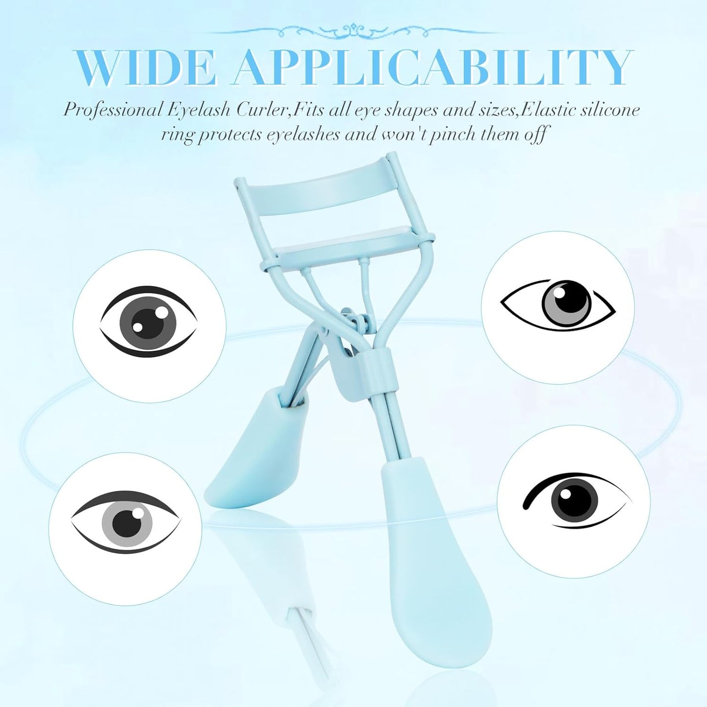 Eyelash Curler with Pads, Lash Curler with 10 Extra Silicone Replacement Pads, Comfortable Grip for Effortless Curling – Eyelashes for The Perfect Eye Contour (Crystal Blue)