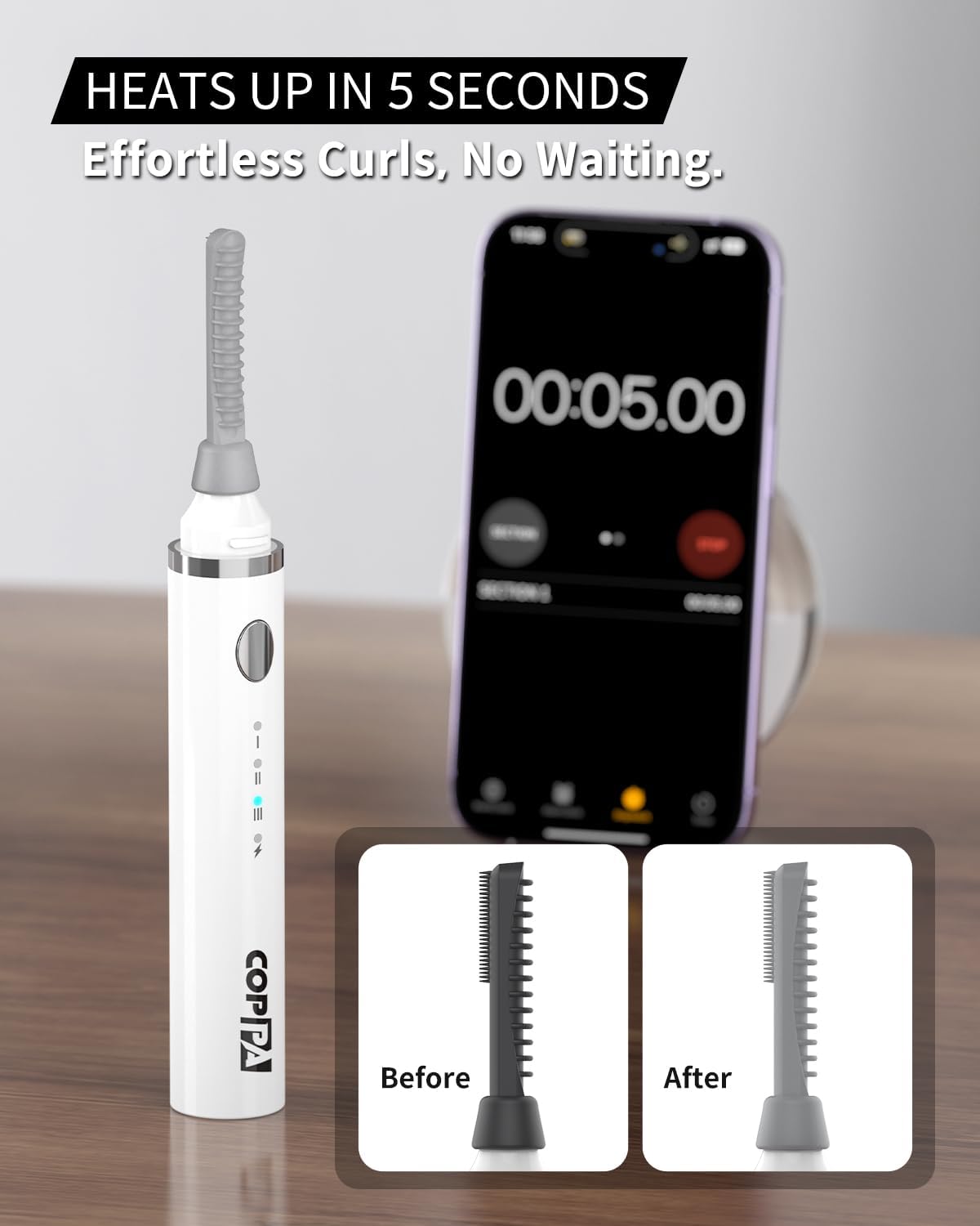 COPPA Electric Lash Curler, LP-1 Lipstick Type 3-in-1 Heated Eyelash Curler with 3 Brush Heads 3 Curling Modes and 3 Temp & 5s Quick Heat-up, Perfect for Beginners and Makeup Pros, White