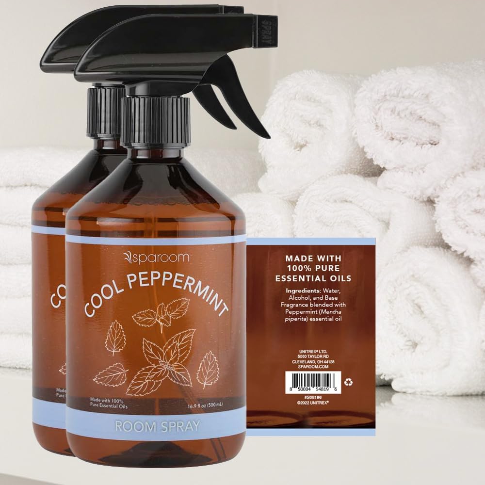 SpaRoom Cool Peppermint Linen Spray 2-Pack – Dual Bottle Essential Oil Mist for Bedding, Fabrics, and Rooms, Minty Refreshment for Sleep and Relaxation – 2 x 16.9 oz