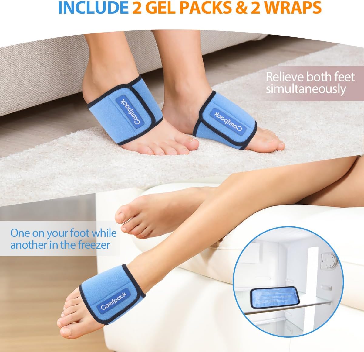 Cold Therapy Wrap with 2 Packs & 2 Sleeves for Pain Relief, Reusable Gel Ice Packs for Foot Plantar, Wrist, Ankle, for Sprains, Muscle Pain, Bruises, Injuries, Blue