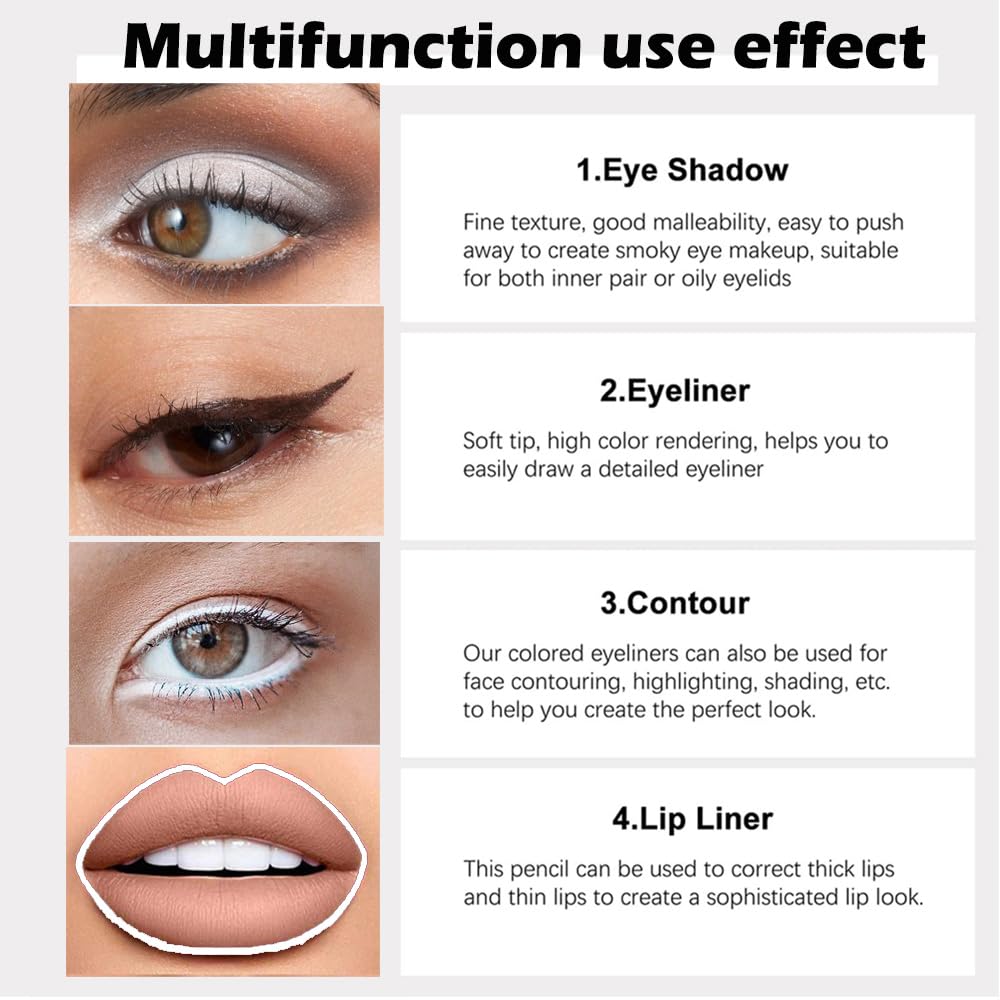 evpct 3Pcs Black & Dark Brown & White Gel Glitter Matte Metallic Eyeliner Pencils Set for Women Waterproof Smudge Proof lapiz de ojos delineador de ojos contra el agua Eye Liner Makeup 01 02 22