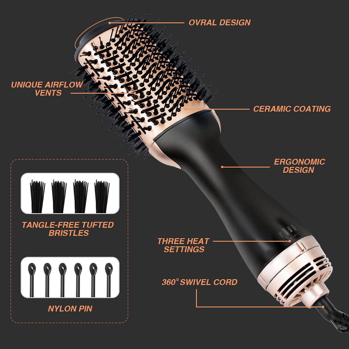 Beautimeter Blow Dryer Brush, Hot Air Brush One Step Hair Dryer and Styler Volumizer, 4 in 1 Negative Ionic Hair Styler with Oval Barrel for Smooth, Frizz-Free Hair Types, Black & Gold