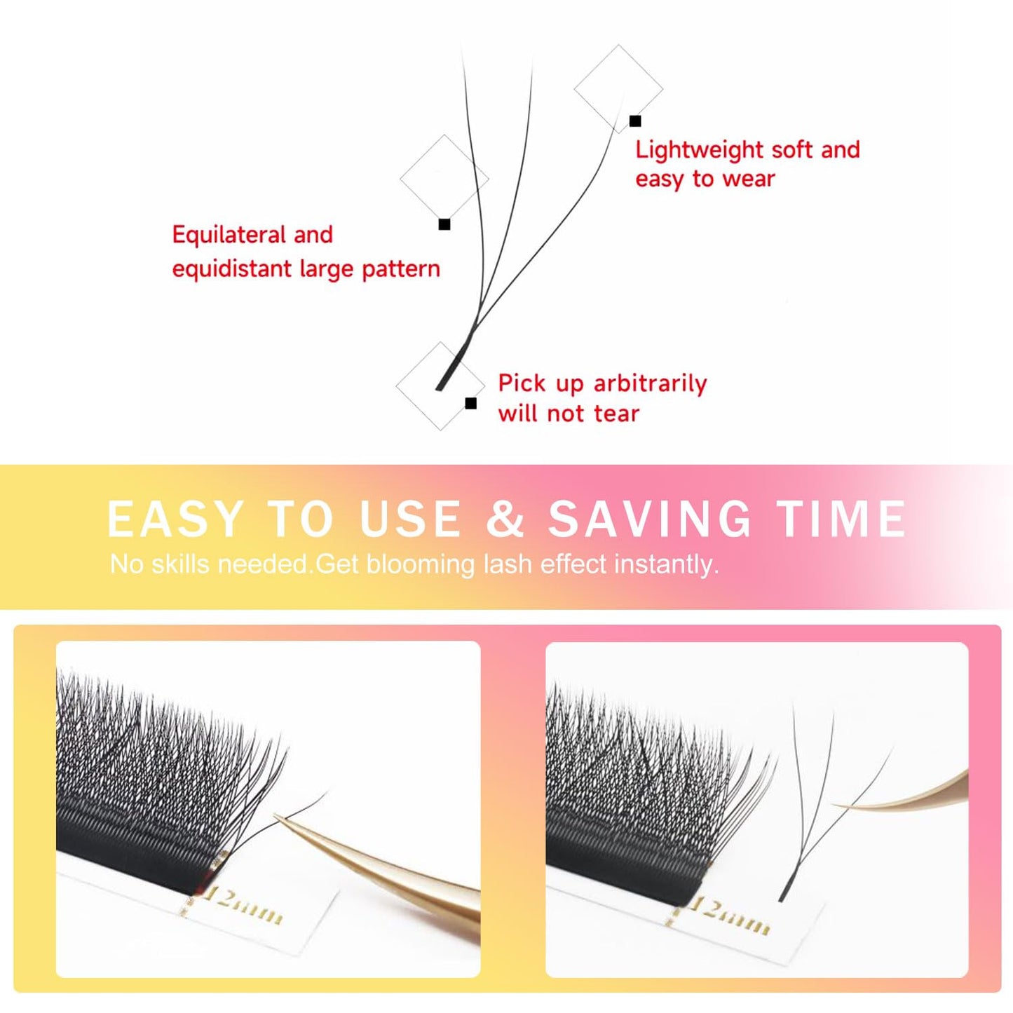 W Lash Extensions Supplies 3D Eyelash Extensions W Shape 0.07mm Thickness D Curl 10mm Premade Fans Easy Fan Lashes Volume Matte Black 12 Rows Crisscross Eye Lashes(W-3D-0.07-D,10mm)