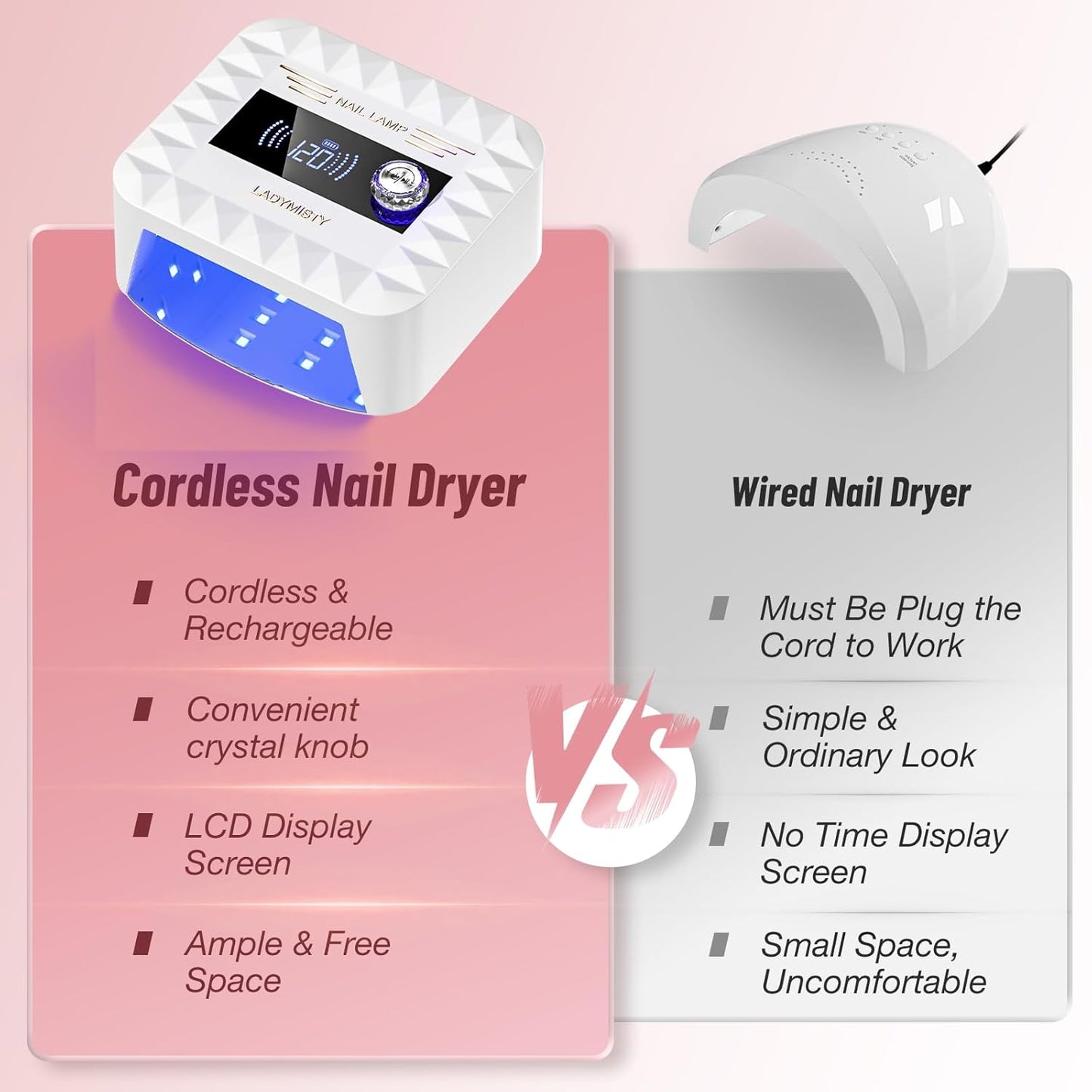268W UV Nail Lamp Cordless, LadyMisty UV Light for Gel Nails with Convenient Knob, Dual Light Source Precise Curing & LCD Display Screen, Portable Wireless Nail Lamp, Fast Curing for Nail Salon & Home