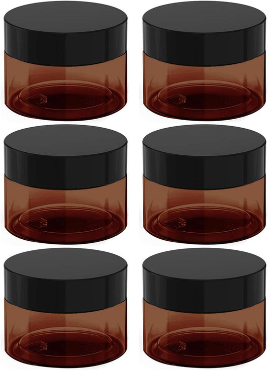 4 oz Amber Plastic Cosmetic Jars Leak Proof Container with Black Lid for Cream, Lotion, Powder, ointment, Beauty Products etc, 6 Pcs.
