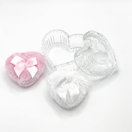 Body Powder Puff and Container - Glass Heart Dusting Powder Container with 2 Soft Puffs – Vintage Powder Puff Case for Women & Girls-GRB007-Transparent