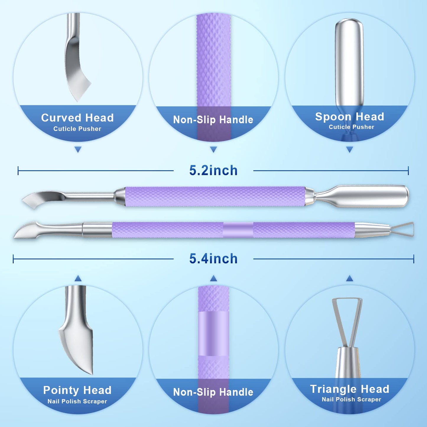 2PCS Metal Lavender/Taro Purple Cuticle Pusher and Cutter Remover Salon Quality Stainless Steel Gel Nail Polish Peeler Scraper Durable Manicure and Pedicure Cleaner Tool For Fingernail and Toenail
