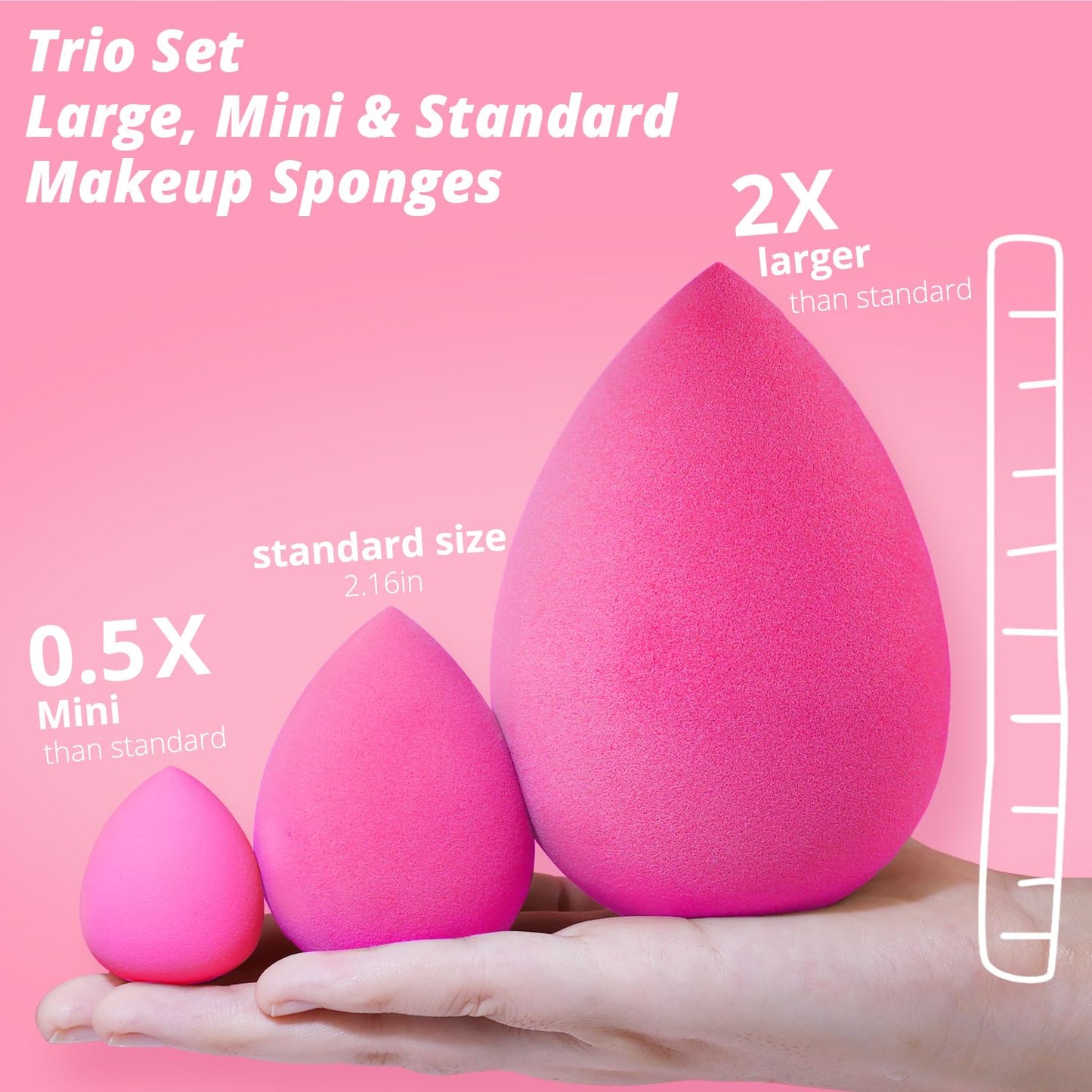 BEAKEY Large, Mini and Standard Makeup Sponges Trio Set with Soft and Bouncy Touch, Beauty Sponges Blender in Rose Pink for Powder, Cream and Liquid Blending