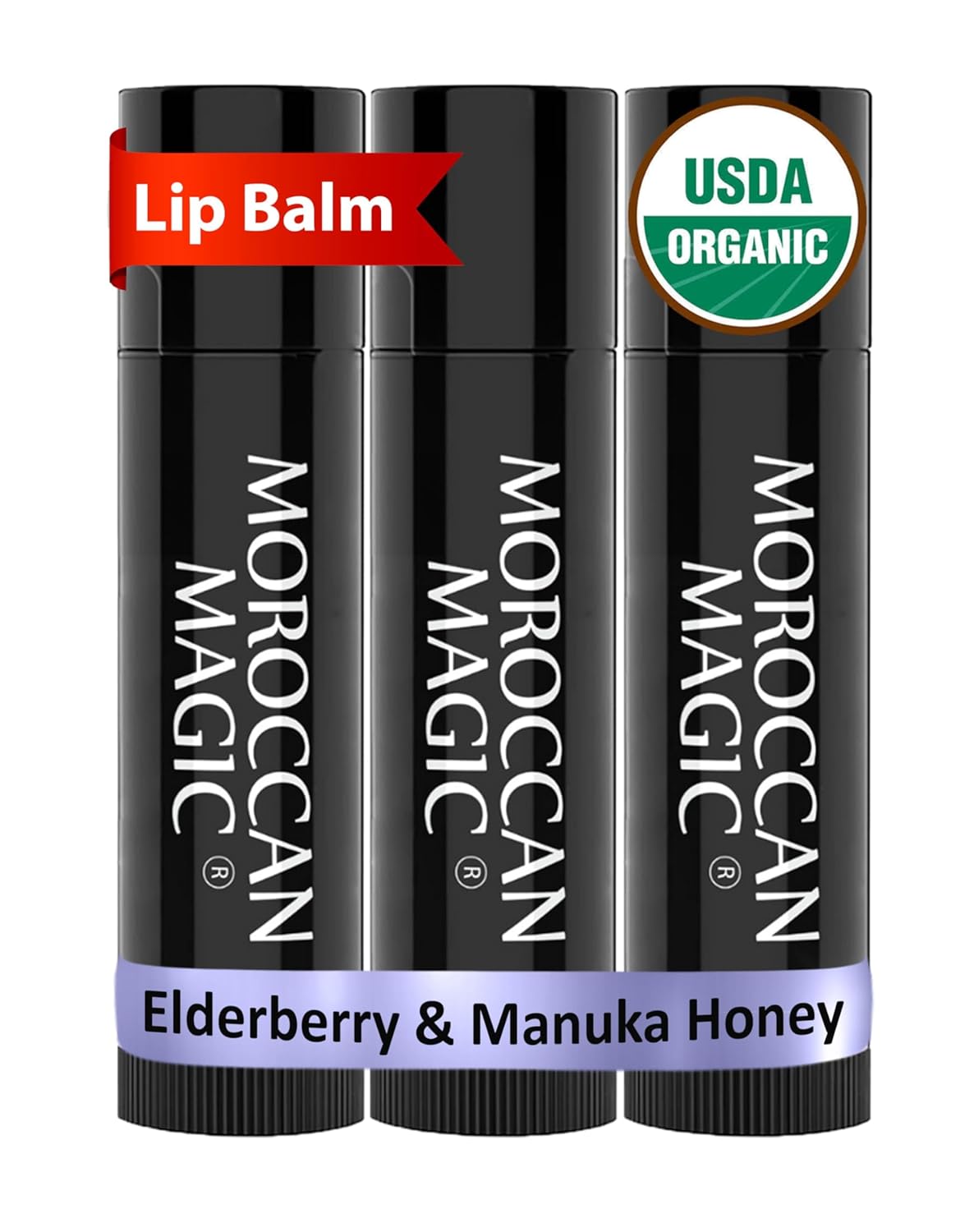 Moroccan Magic Organic Elderberry & Manuka Honey Lip Balm 3 Pack | Ultra-Hydrating Argan Oil Lip Moisturizer + Vitamin E | Natural Chapstick for Dry Lips | Smooth, Non-Toxic | Organic Lip Balm