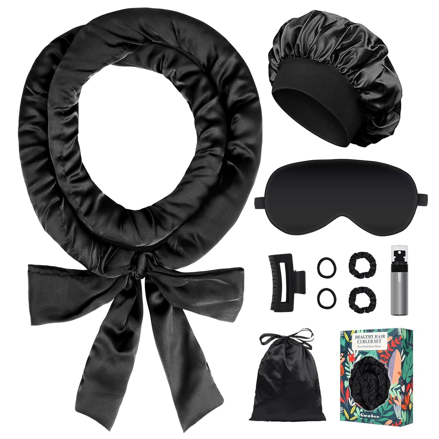 Satin Heatless Curls Overnight Hair Curlers to Sleep In Hair Curler Rollers No Heat Hair Wrap for Curls Headband, 70" Satin Heatless Curling Rod Set for Women Long Waves Hair Volume-Black 10PCS