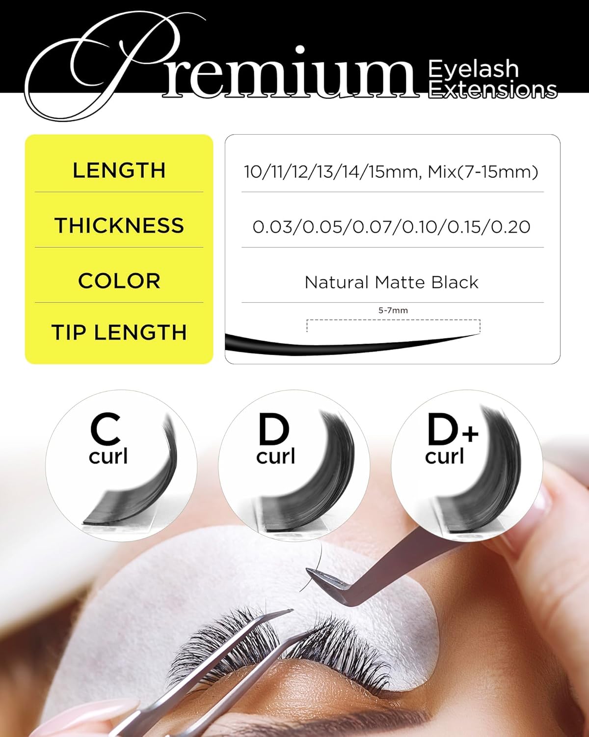 BEYELIAN Classic Volume Lash Extensions, C D D+ Curl 7-15mm 0.03-0.20mm Thickness Matte Black Semi Permanent Volume Eyelash Extensions Professional Salon Use (0.15 D+ 12mm)