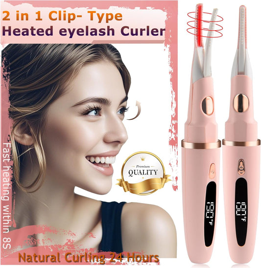 Heated Eyelash Curlers - 2 in 1 Clip- Type Heated lash Curler Best Seller Electric Eyelash Curler LED Display 3 Temp Settings for Makeup Tools USB Rechargeable Natural Curling 24H Long Lasting-Pk C1A