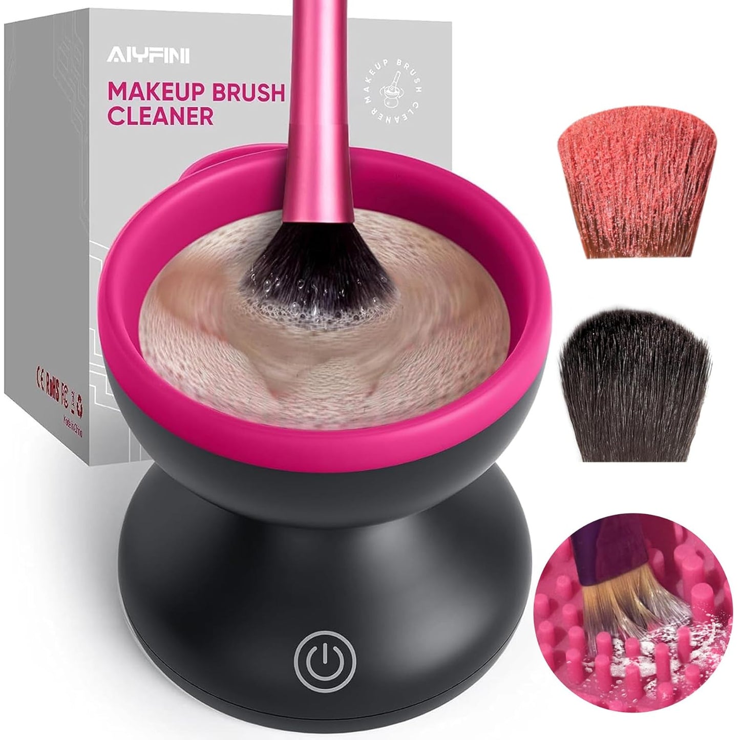 Alyfini Electric Makeup Brush Cleaner Machine, Powerful Friction Removes Residue on Make up Brushes Set/Sponge/Powder Puffs, Efficient Cleaning, Portable Spinning Washer, Save Cleanser & Shampoo