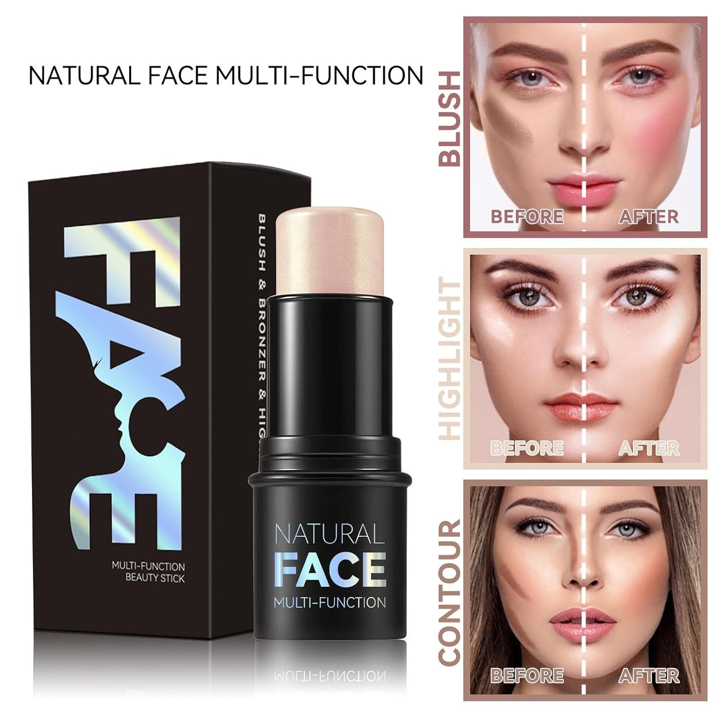 3pcs Face Contour Stick Makeup Set, Highlighter Stick Blush Stick Cream Contour Kit with Brush, Contouring Stick for Fair Skin, Concealer Makeup Stick Gift for Beginner Women Teen Girls