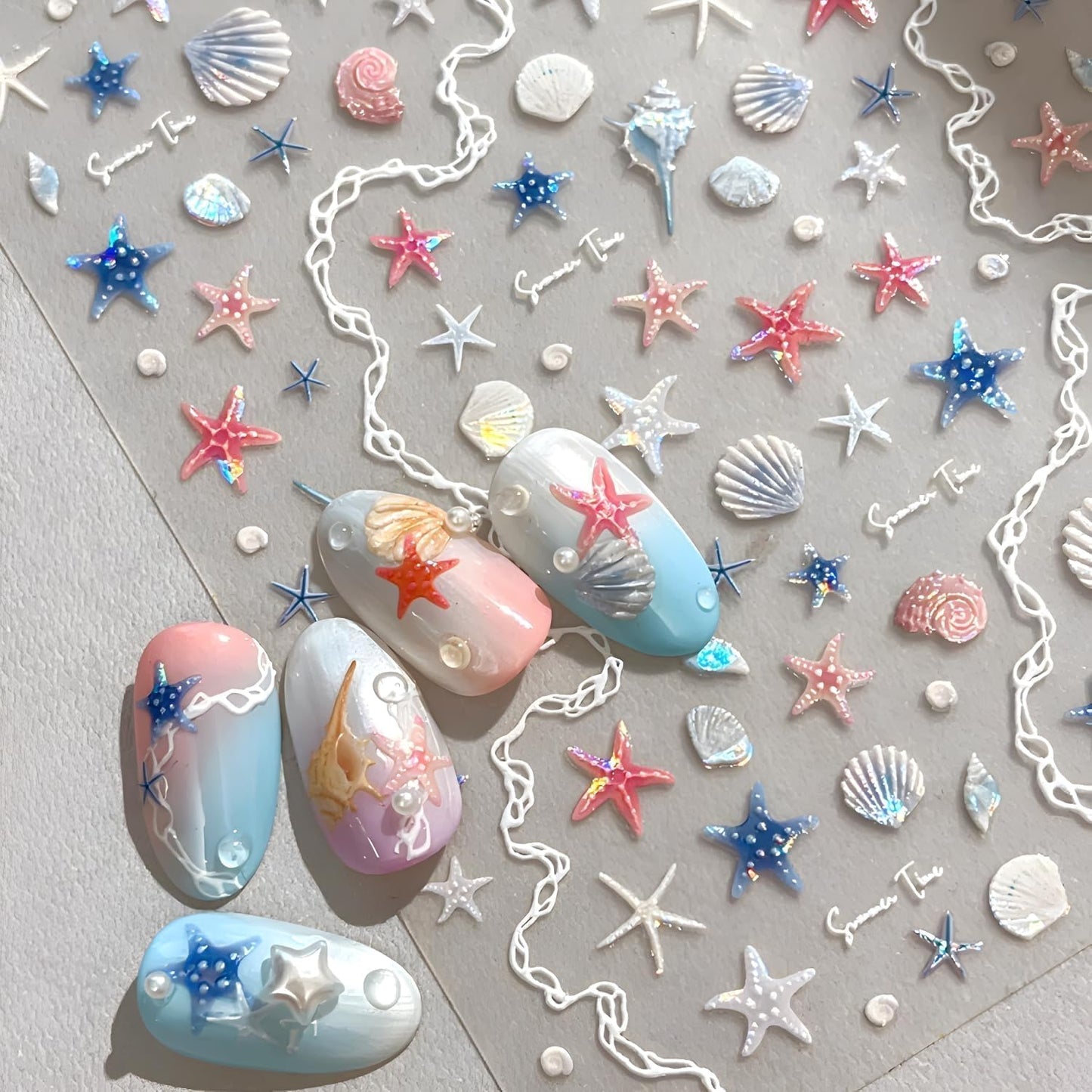2 Sheets Starfish Nail Stickers for Nail Art 5D Embossed Ocean Nail Decals Summer Nail Stickers Colorful Nail Art Supplies Design Accessories for Women Acrylic Manicure DIY Decoration