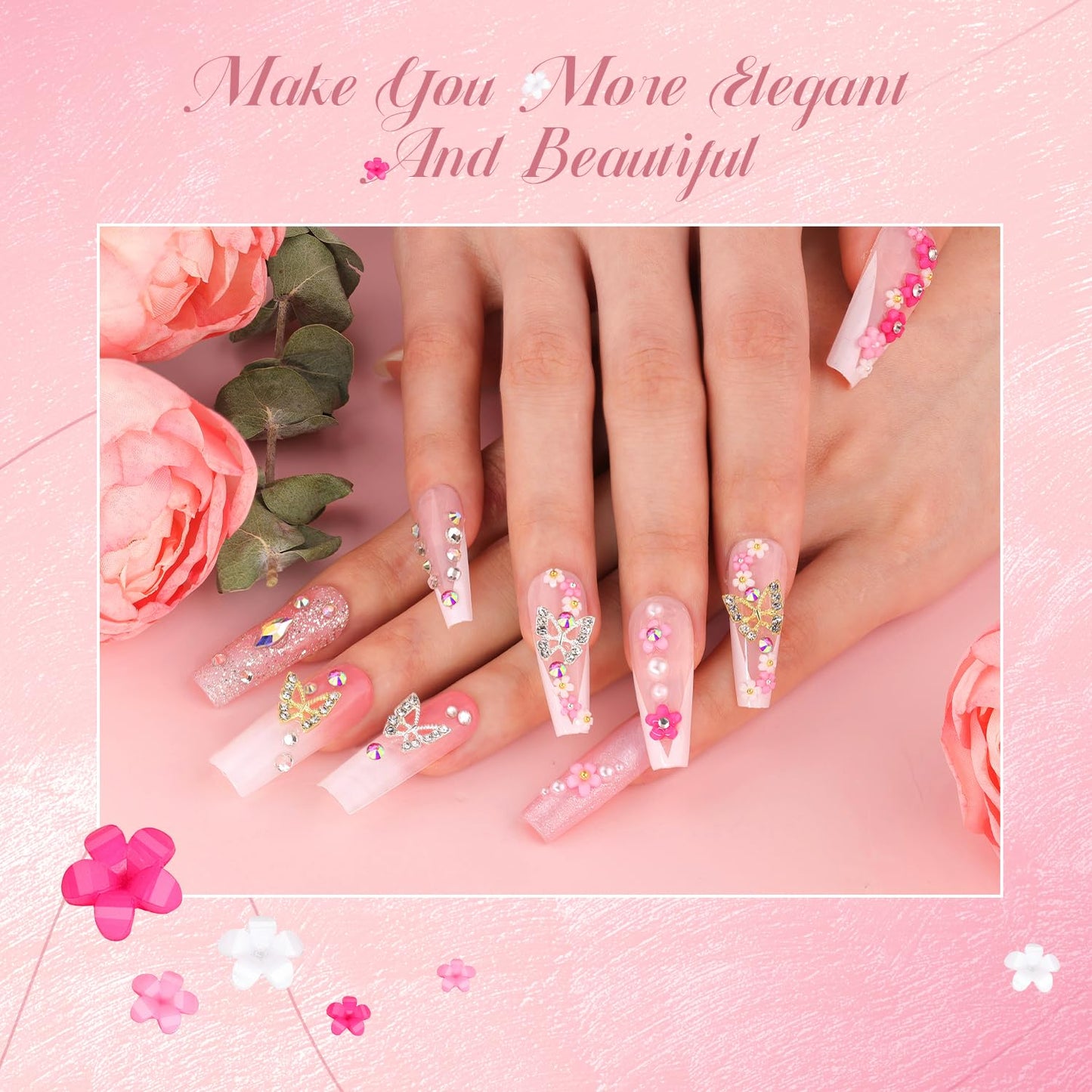 3D Nail Charms and Gems Set 3, 20PCS Gold and Silver Chunky Butterfly Nail Charms with Rhinestones, 3D Flowers for Nails, Crystal and Pearls + Metal Caviar Beads + Picker Tool for Y2K Nail Decoration