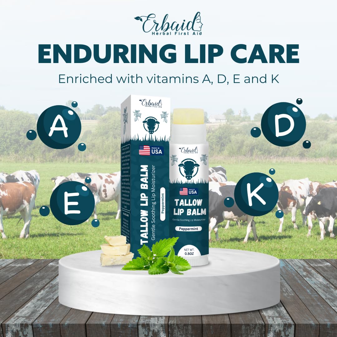 Beef Tallow Lip Balm – Natural Tallow Beeswax Chapstick – Hydrating Moisturizer Grass Fed Bison Tallow Balm Lip Care – Soothes Chapped, Dry Lips, Sensitive Skin – Long Lasting & Vitamin Rich USA-Made