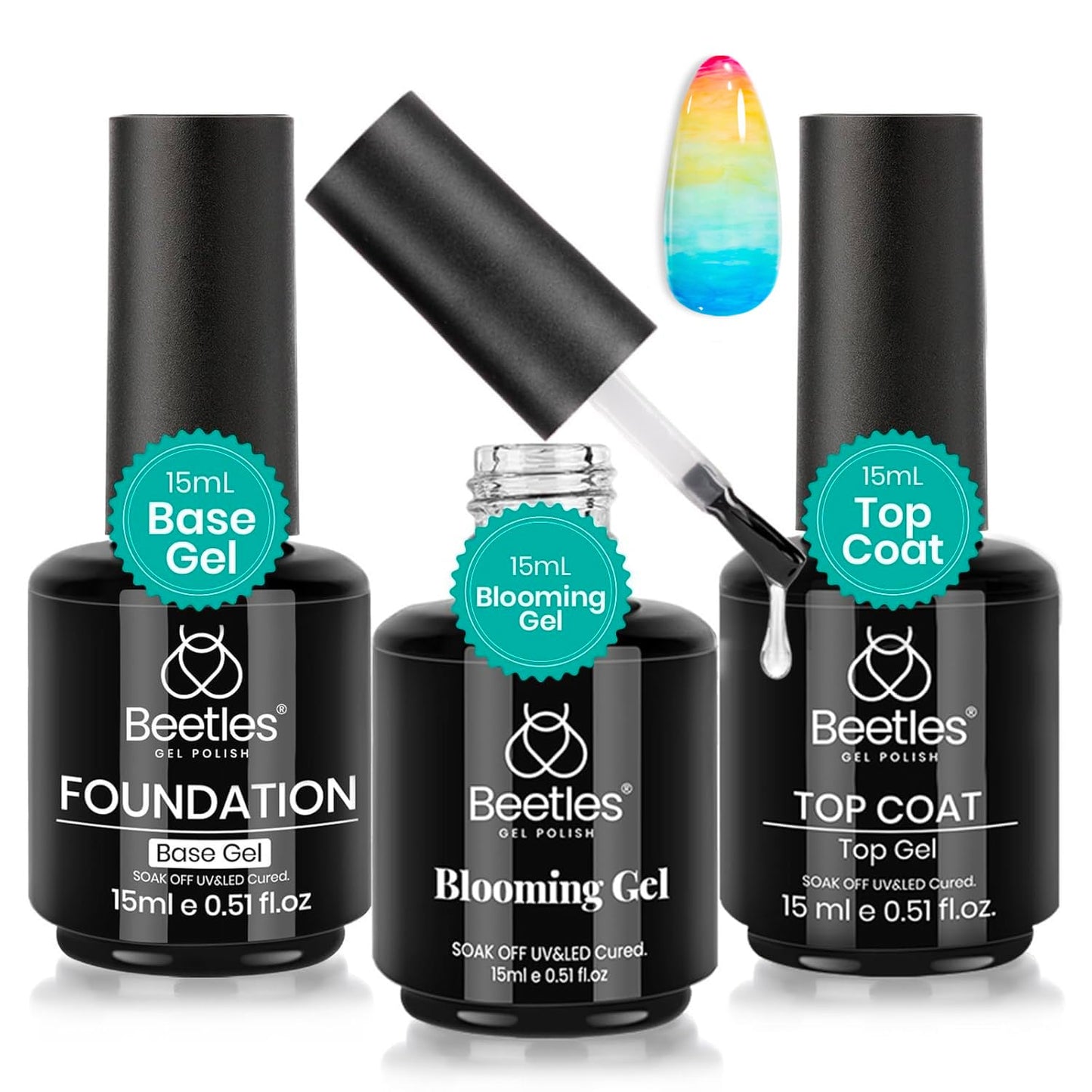 Beetles Blooming Gel & Base Top Coat Set, 3PCS 15ML Shine Finish Long Lasting No Wipe Top Coat Gel Nail Polish Base Spreading Marble Effect Soak off UV LED Nail Art Gifts for Women