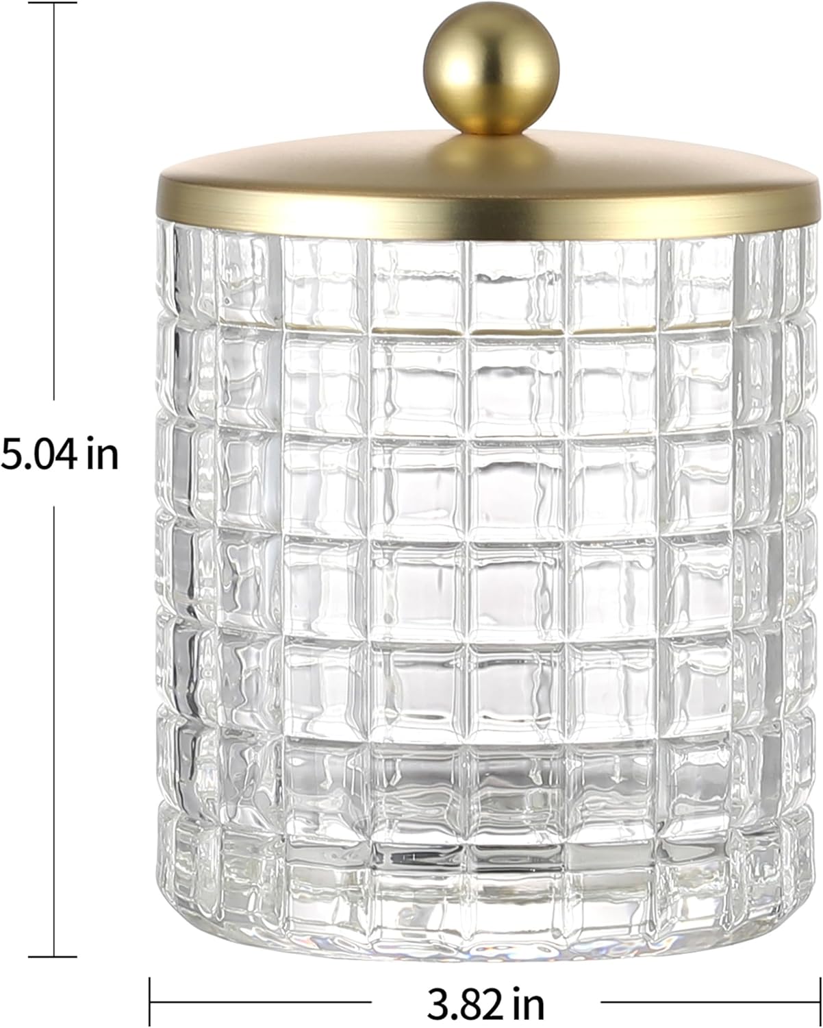Glass Cotton Jar Holder Matte Gold Lid, Elegant Bathroom Storage Canister for Qtips, Cotton Balls, Floss, Makeup Organizer, Vanity Bathroom Organization