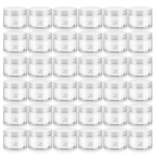 36 Pack 1 OZ Plastic Jars with Lids, BPA Free, Reusable, Refillable Transparent Cosmetic Containers for Bath Salts, Cosmetics, Powders, Beauty Product and Small Accessories, White