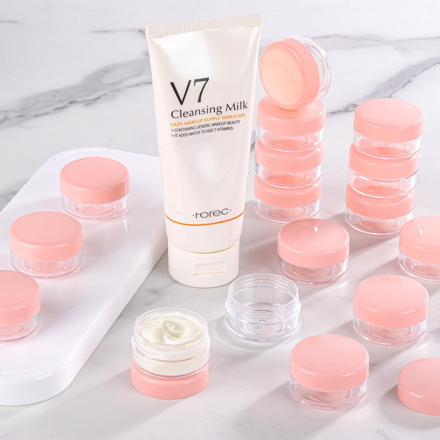 100 Count Sample Containers with Lids, 10 Gram Small Plastic Makeup Jars Lip Scrub Cosmetic Container - Pink