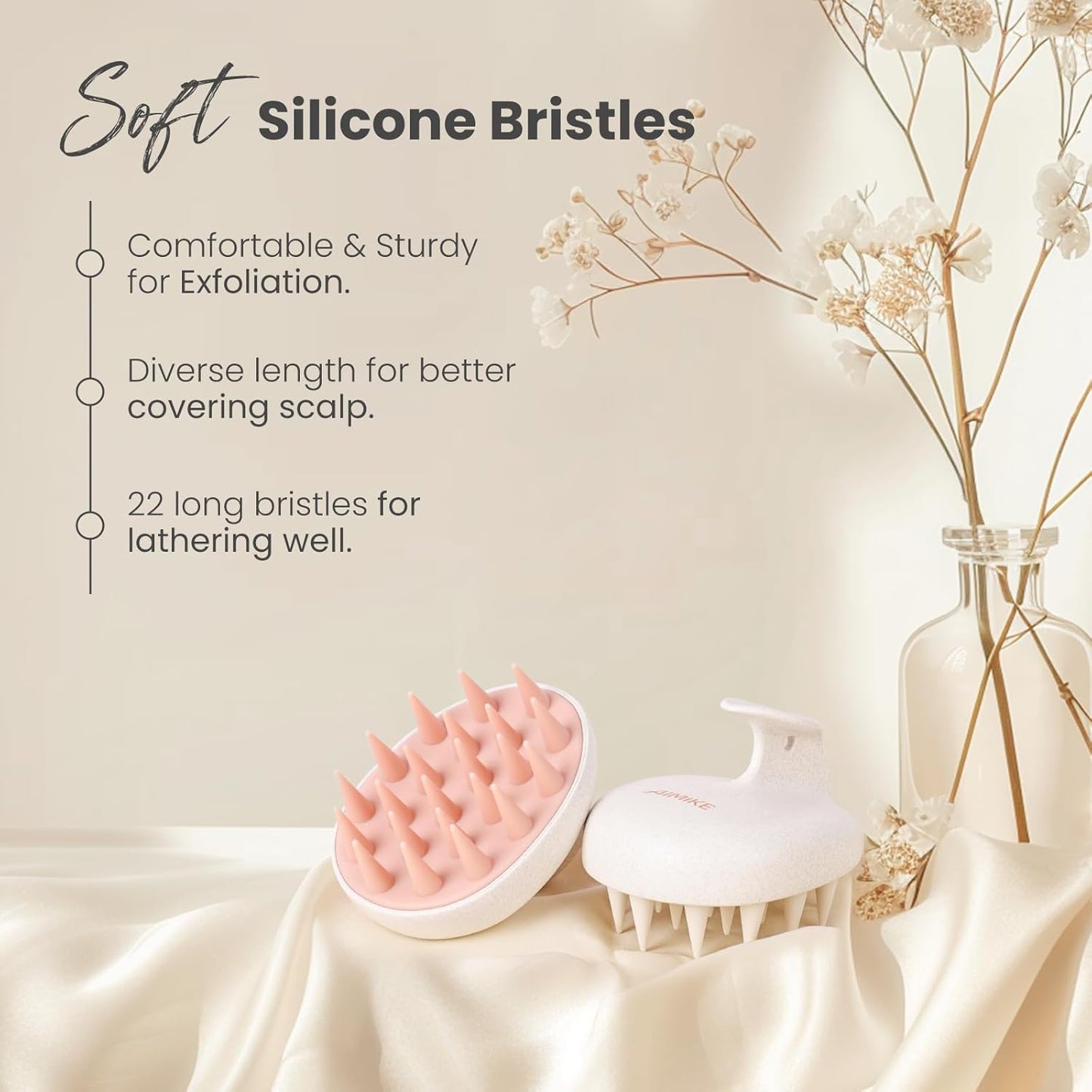 AIMIKE Scalp Massager Shampoo Brush, Pink - Promotes Hair Growth, Reduces Dandruff, and Relaxes, Natural Wheat Straw, Soft Silicone Bristles, Ideal for All Hair Types, Wet & Dry Use, Portable, 1 Count