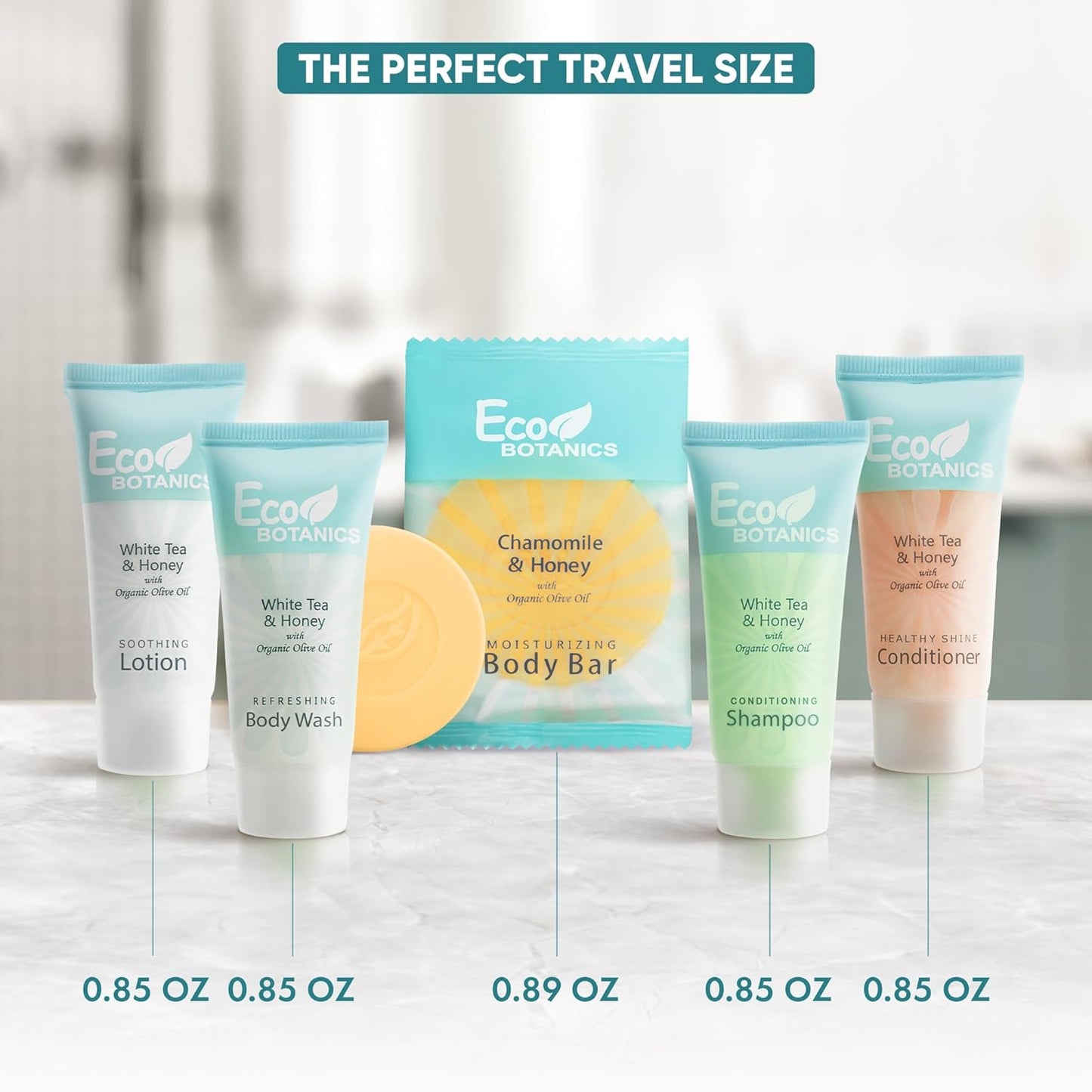 Eco Botanics Hotel Soaps & Toiletries Bulk Set | 0.85oz Hotel Shampoo & Conditioner, Body Wash, Body Lotion & Bar Soap Travel Size | Half Pallet, 36 cases with 300 units each - 10,800 pieces