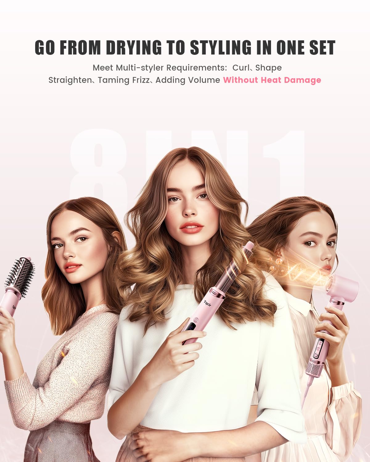 8-in-1 Professional Hot Air Styler&Hair Dryer Brush, Powerful Multi-Styler with Auto-Wrap Curler with Storage Case, Fast Drying Curling Straightening Volumizing Without Heat Damage(Pink)