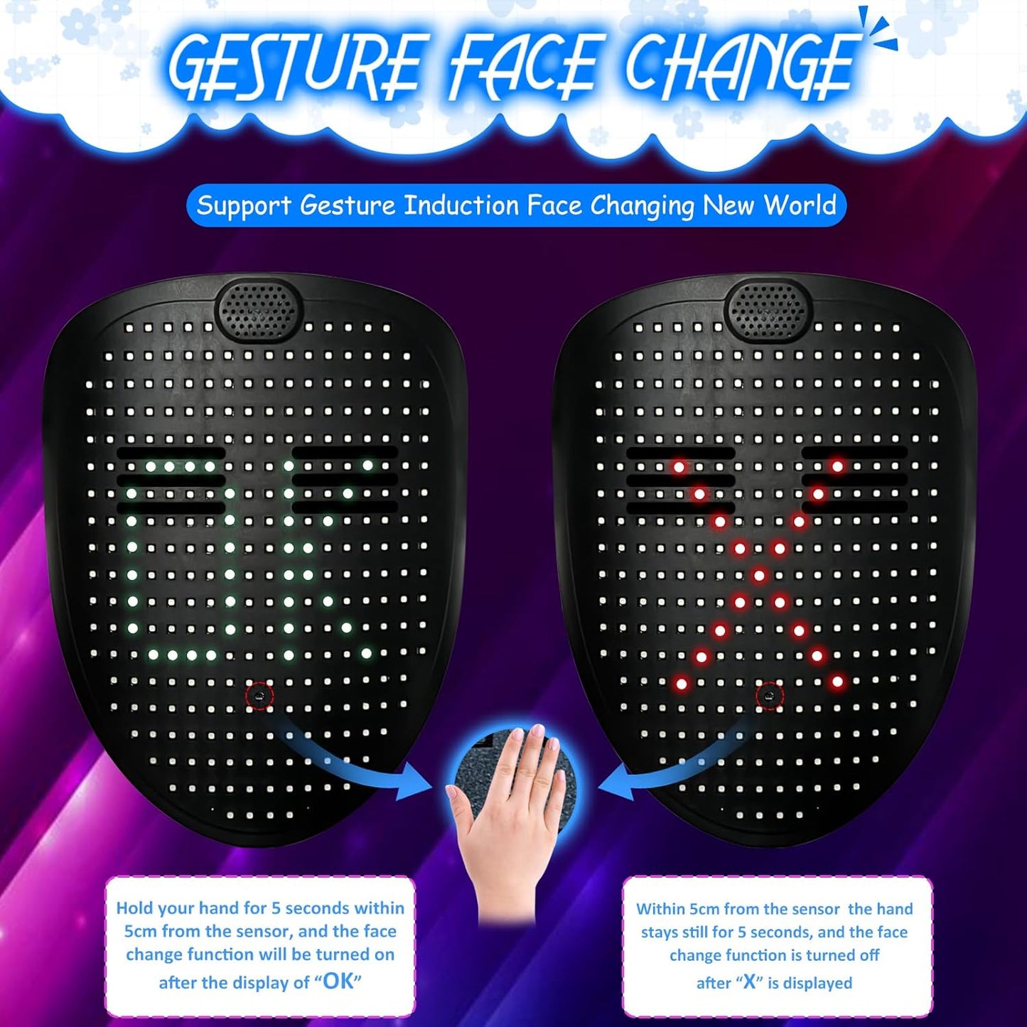 Led Mask with Gesture Sensing, Light up Face Transforming Mask for Halloween Xmas Costume Party