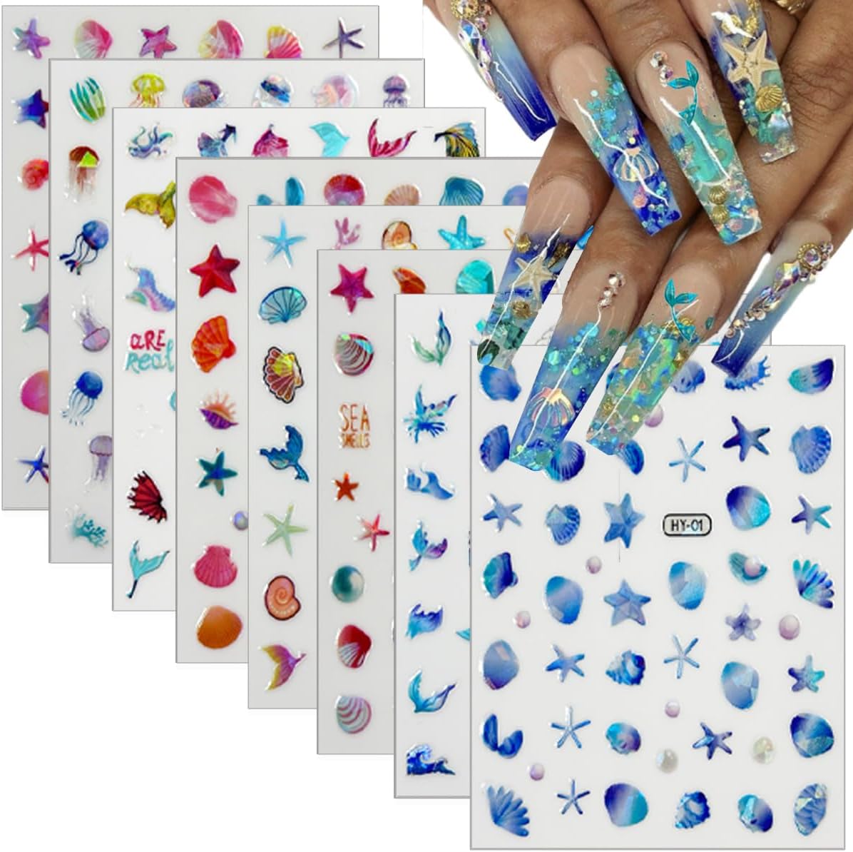 12 Sheets Ocean Nail Stickers Decals Summer Nail Decals for Nail Art 3D Self Adhesive Beach Nail Art Stickers Shellfish Starfish Designs Nail Art Supplies for Women Nail Manicure Decorations