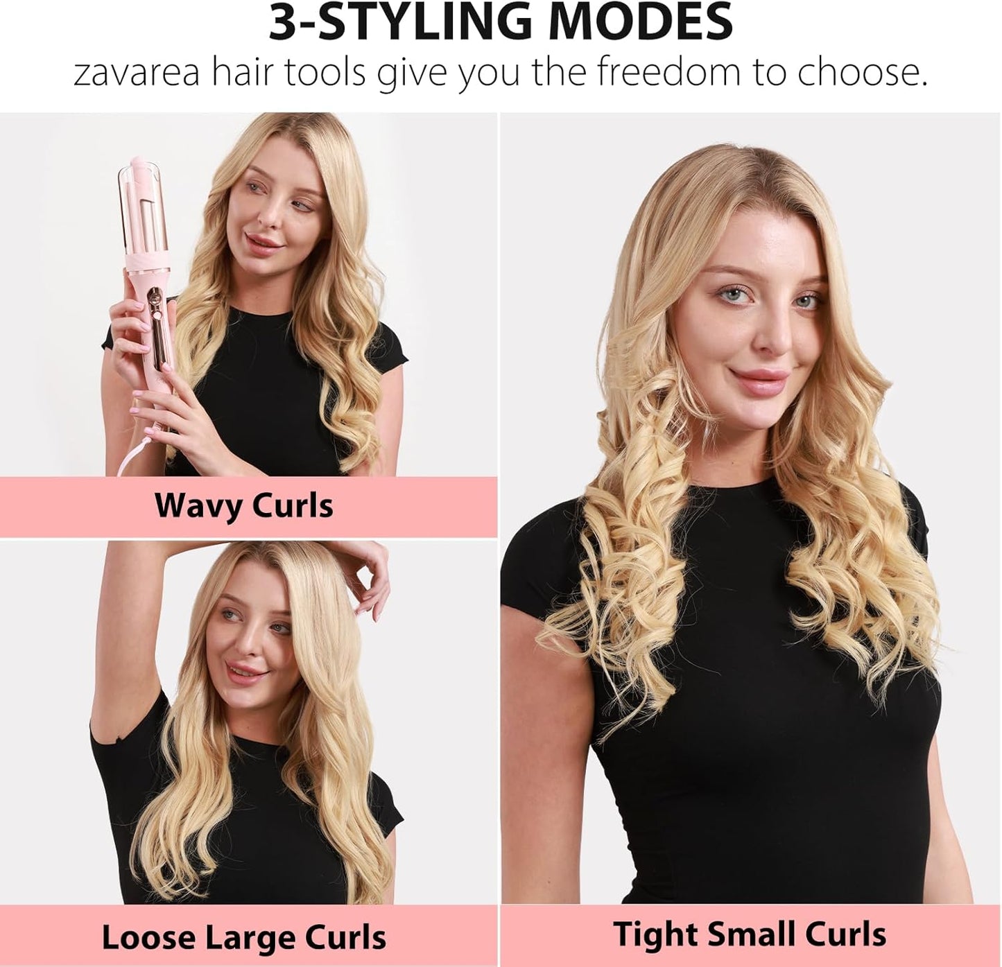 Zavarea Automatic Curling Iron, 1 Inch Hair Curler with 5 Temperatures, 3-Ways Rotation & 3-Styling Modes, Anti-Scald & Tangle-Free Self Rotating Curling Wand, Makes Hair Smoother & Shiner (Pink)
