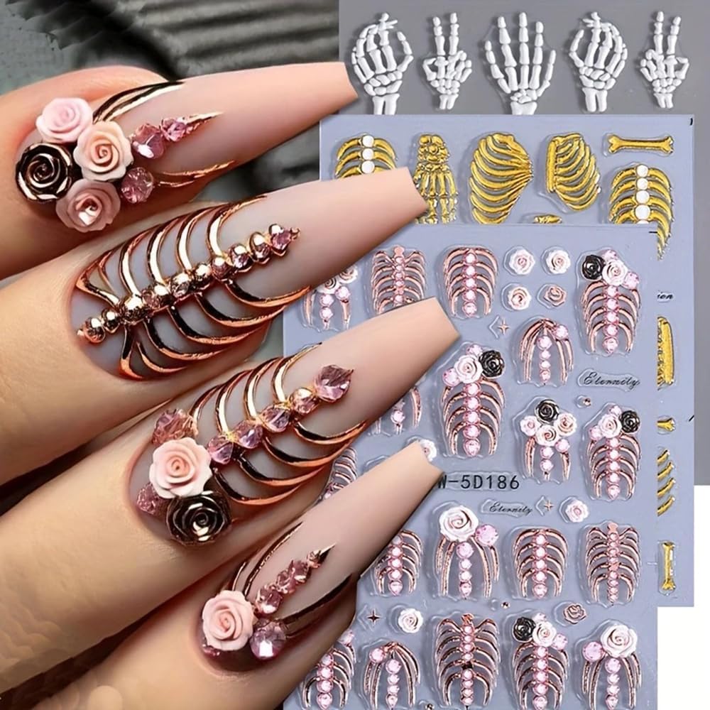 3 Sheets 5D Embossed White Claw Skull Nail Decals Halloween Nail Art Sticker Gold Pink Skeleton Nail Stickers 5D Self-Adhesive Hand Bone Nail Supplies Holiday Nails Accessories for Women DIY Manicure