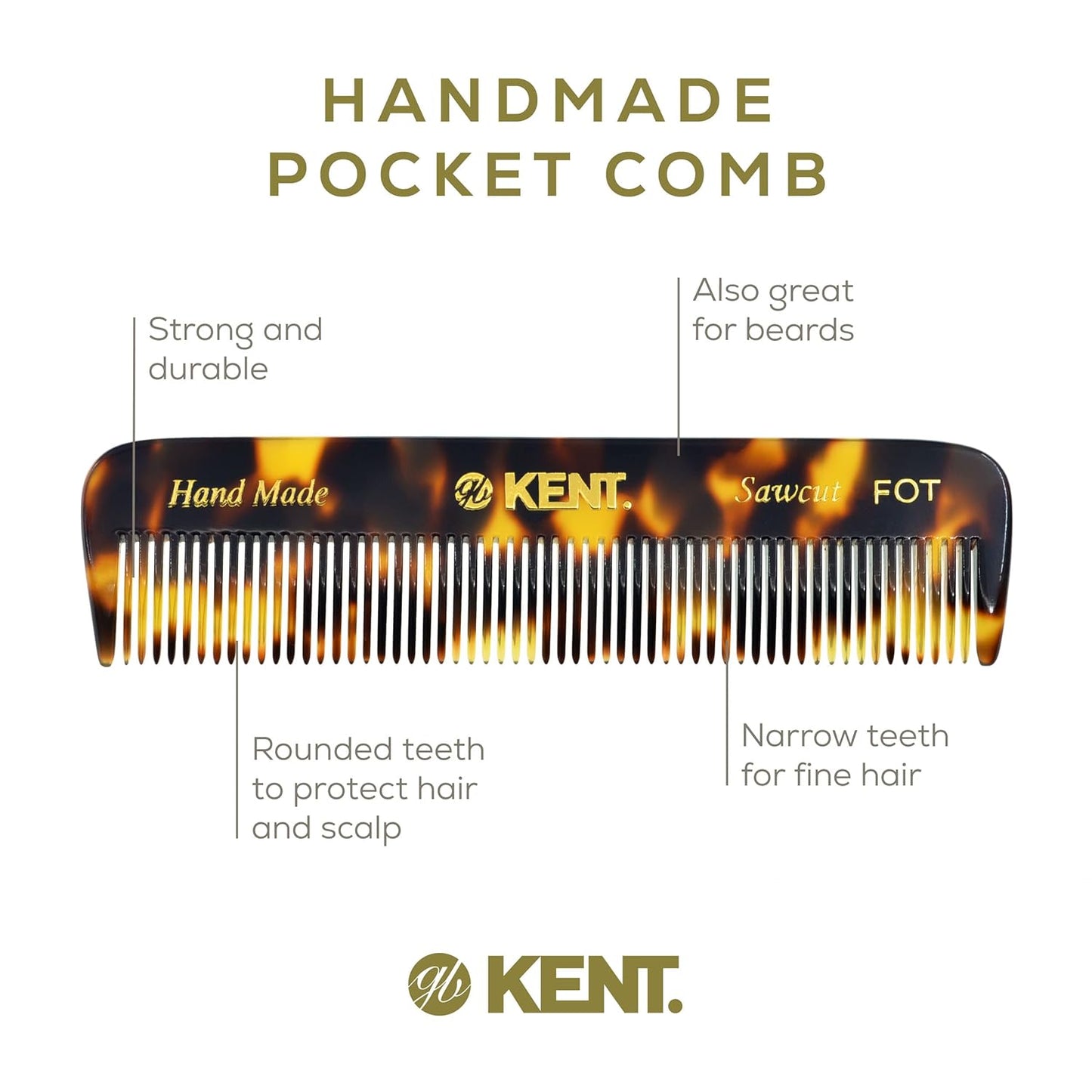 Kent FOT Tokyo Yellow Fine Tooth Comb for Men - Handmade Pocket Comb for Travel, Styling, Fine or Thinning Hair, Mustache and Beard Care Handpolished Saw-Cut Made in England