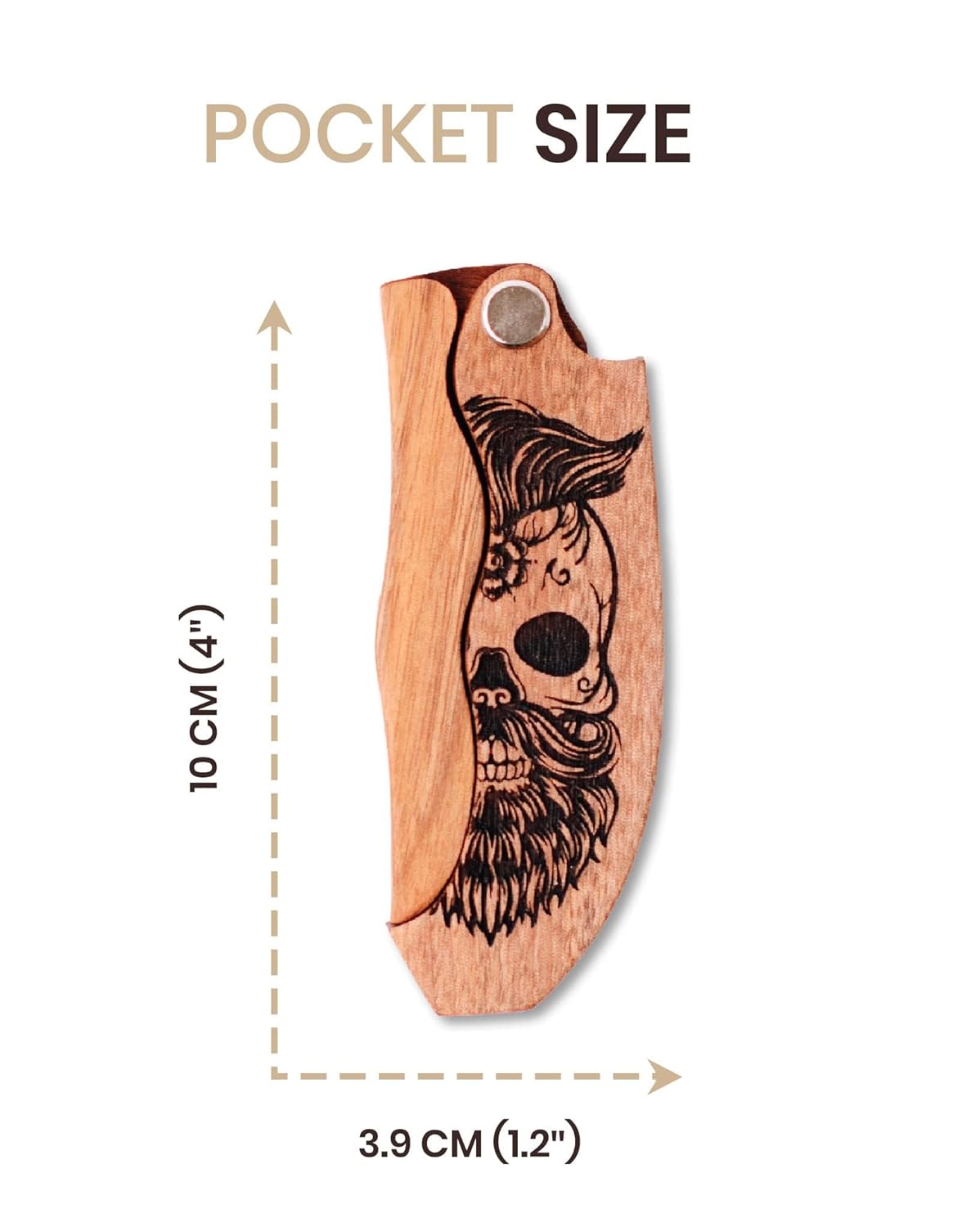 Beard Comb for Men Pocket Folding Combs for Mustache & Hair Travel Natural Wooden Comb with Real Man Engraving - Perfect for Use w/Beard Balm Oil (Wavy Half Skull) (Model WV)