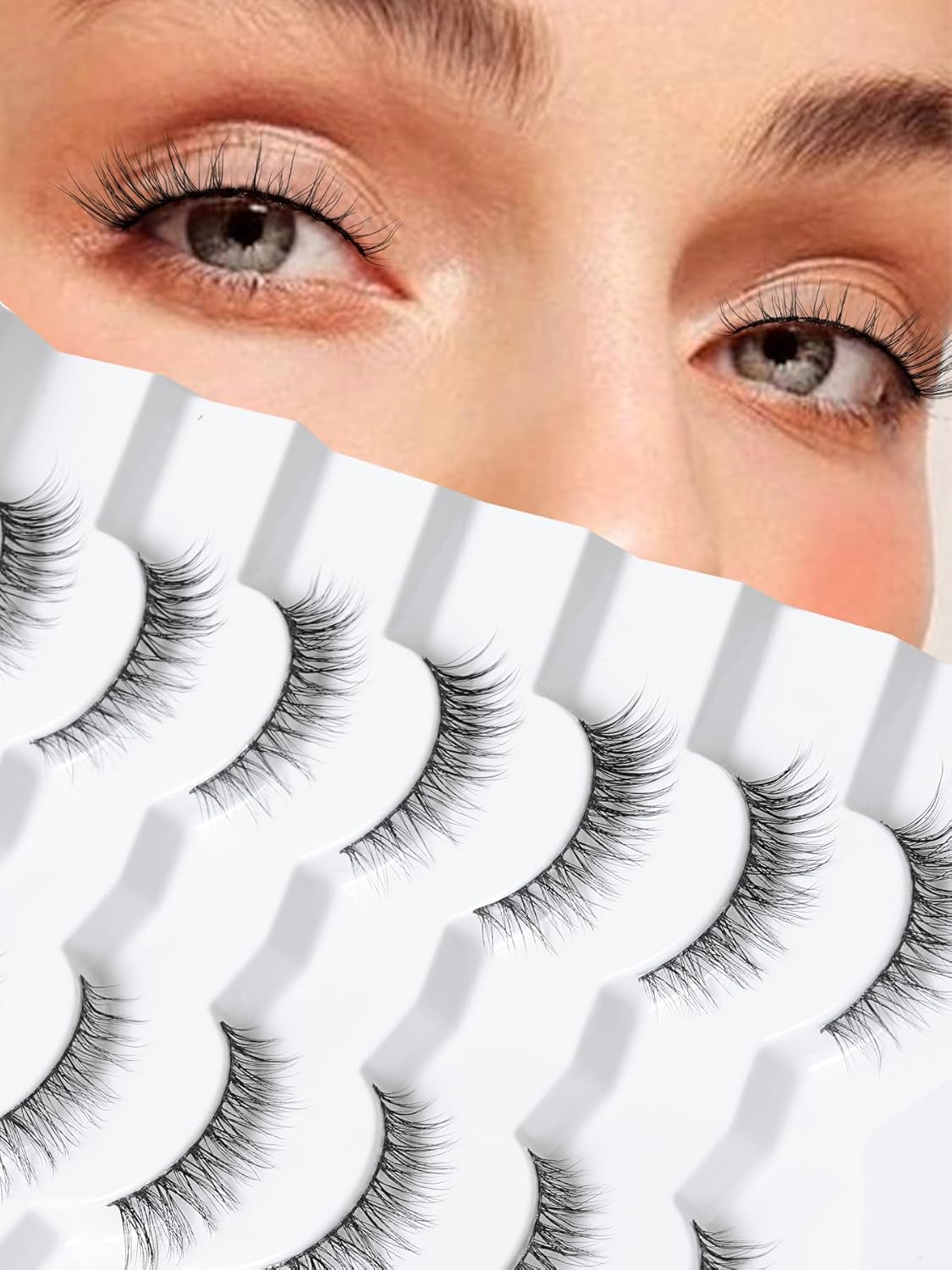False Eyelashes Wispy Lashes Natural Look 12mm Cat Eye Eyelashes 3D Volume Natural Lashes 0.1MM Thin Band Strip Lashes Siligli Eye Lashes C Curl 7 Pair