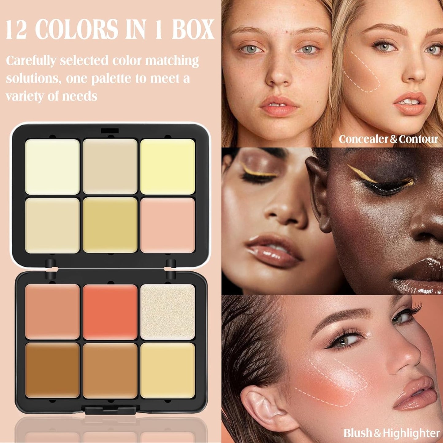 12 Colors Cream [Blush+Contour+Concealer+Highlighter] Makeup Palette for Cheeks - Multi-functional Makeup Palette with Brush, Natural Matte Long Wearing, Waterproof Face Makeup Palette (#04)