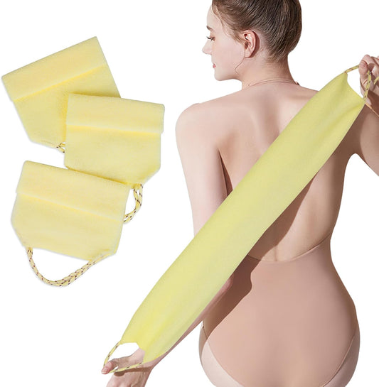 3 Pcs Double-Sided Back Exfoliator Body Scrub Towel, Exfoliating Back Scrubber with Handles,Exfoliating Washcloth Bath Tool in Shower, Stretchable Back Washer to Deep Cleans Skin (Beige)