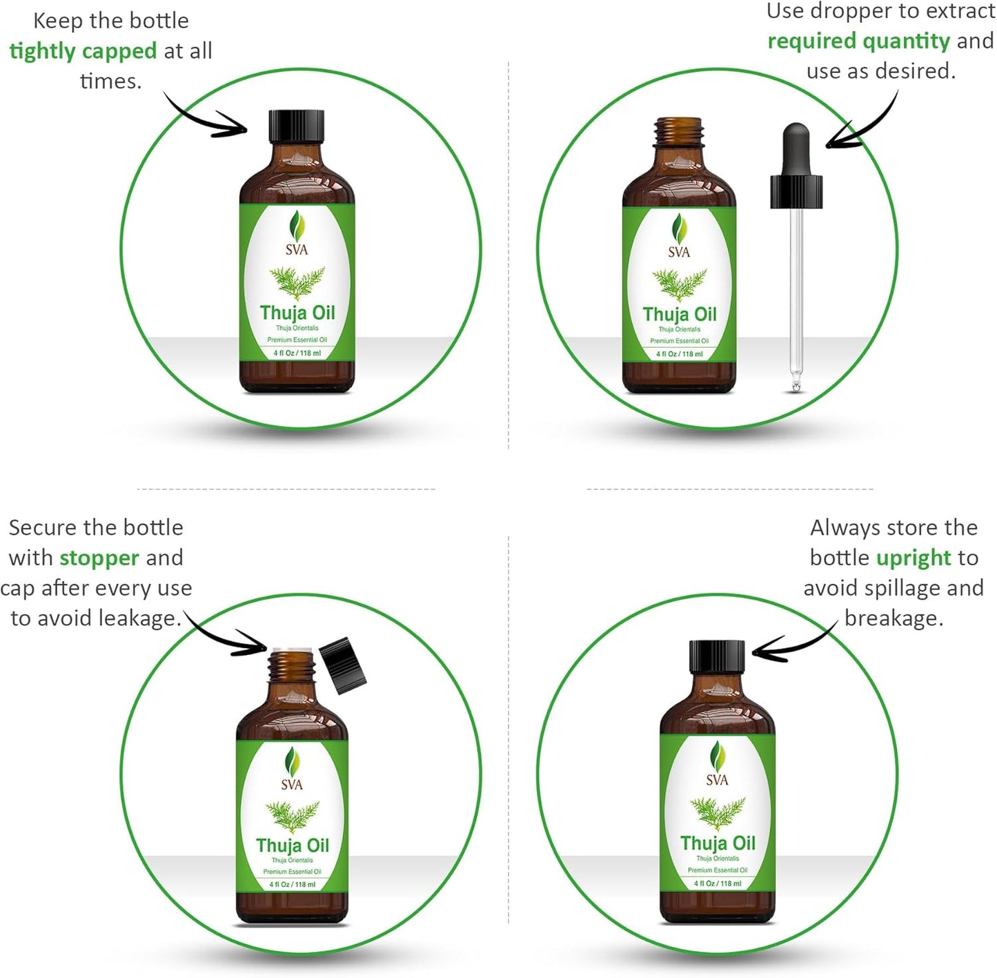 SVA Thuja Essential Oil – 4 Fl Oz – 100% Natural Thuja Oil - for Diffuser, Hair Care, Face, Skin Care, Aromatherapy, Scalp and Body Massage, Soap and Candle Making – with Dropper