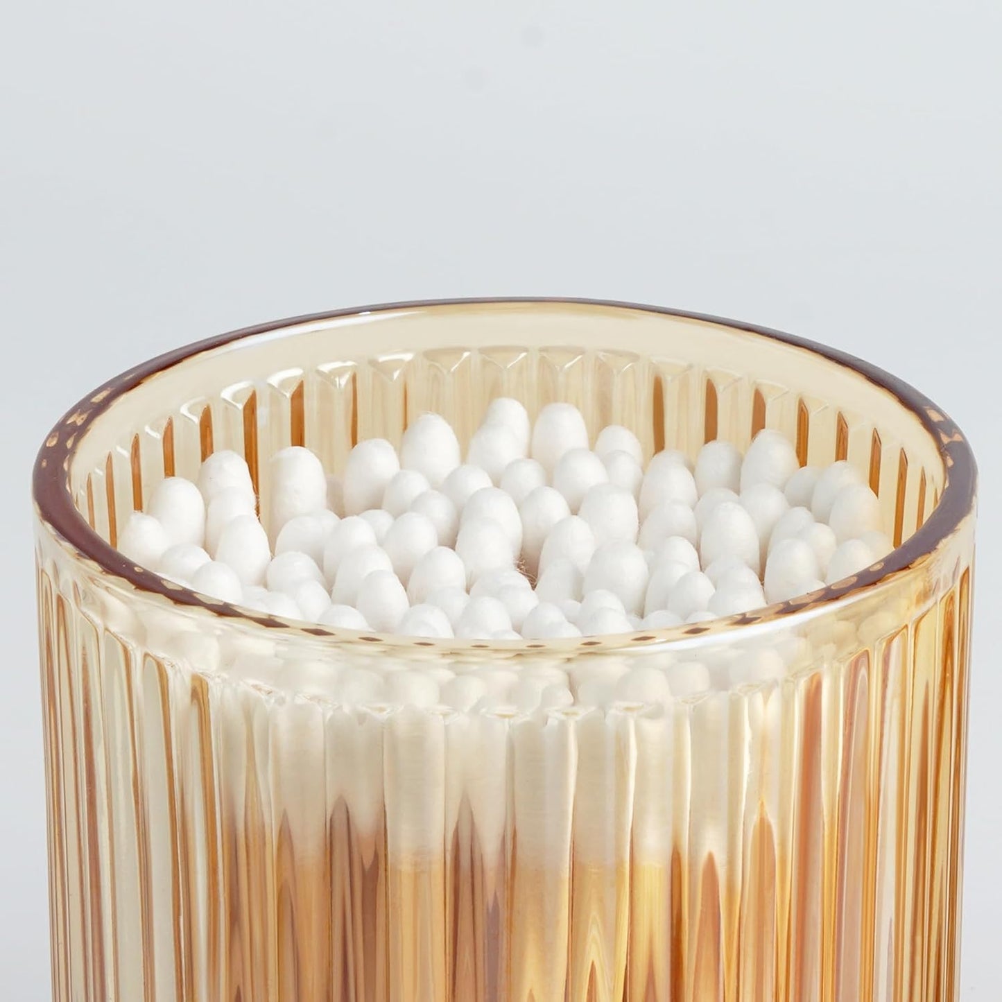 2 Pack Glass Qtip Holder Dispenser Set - Bathroom Organizer for Cotton Swabs, Balls, Pads, Floss Picks - Clear Apothecary Jars for Vanity, Makeup Storage, Bathroom Accessories Decor (Amber)