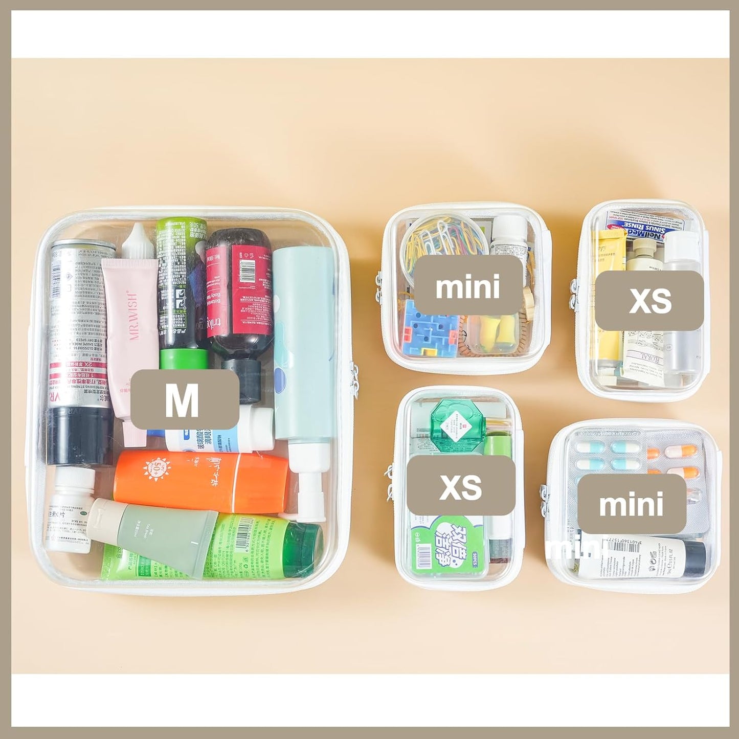 5 pcs Clear Zipper Pouches, Toiletry Bag for Travel, Stackable Waterproof Diaper Bag, Zipper Pouch, Travel Organizer, Clear Cosmetic Bag,Toy Storage Bins (M + 2Mini + 2XS)