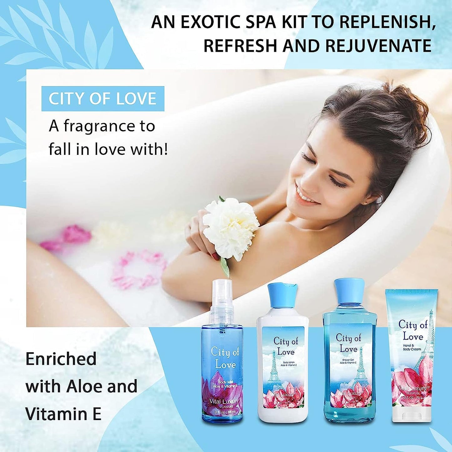 Bath & Body Kit - Body Lotion, Shower Gel, Body Cream, and Fragrance Mist, 3 Fl Oz each, in City of Love, Ideal Skincare Gift Home Spa Set for luxurious indulgence