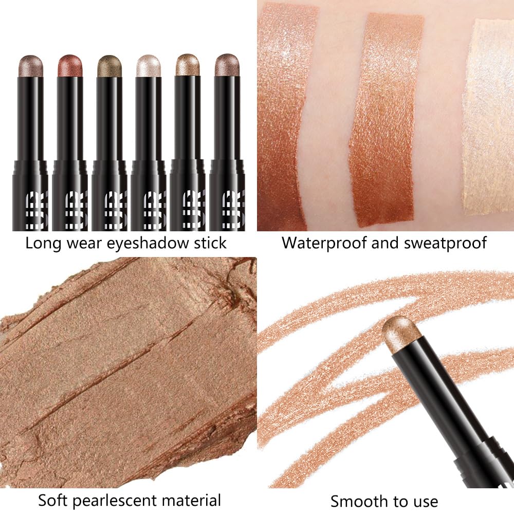 Brown Shimmer Cream Eye Shadow Stick Makeup for Women, Brown Shimmer Matte Eye Shadow Brightener Stick for Eyes, Long-lasting Waterproof Eyeshadow Pencil Applicator Blendable for Eye Highlight 11