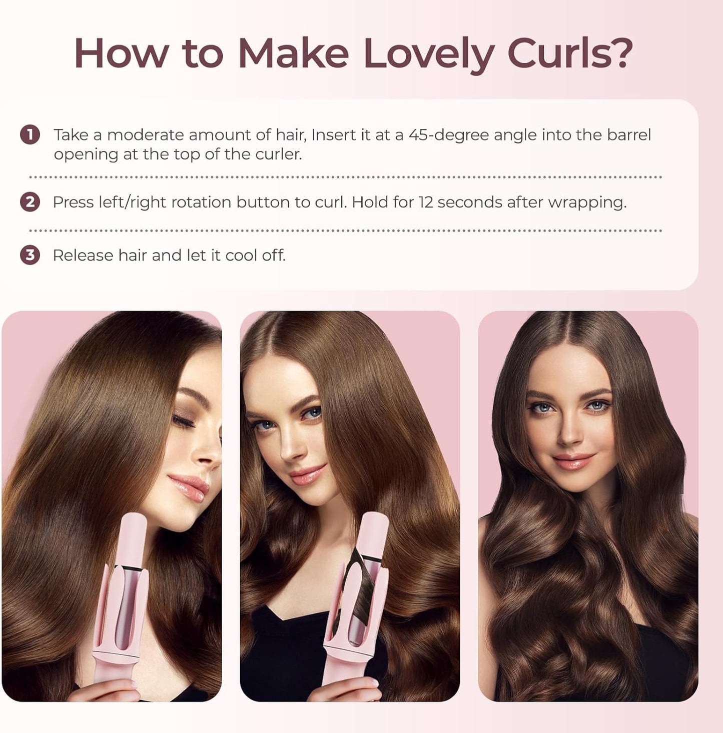 Automatic Curling Iron 1 1/4 Inch, Rotating Ionic Hair Curler Wand with 3 Temperatures, Anti-Scald, Auto Shut-Off Spin Iron for Hair Styling, Pink