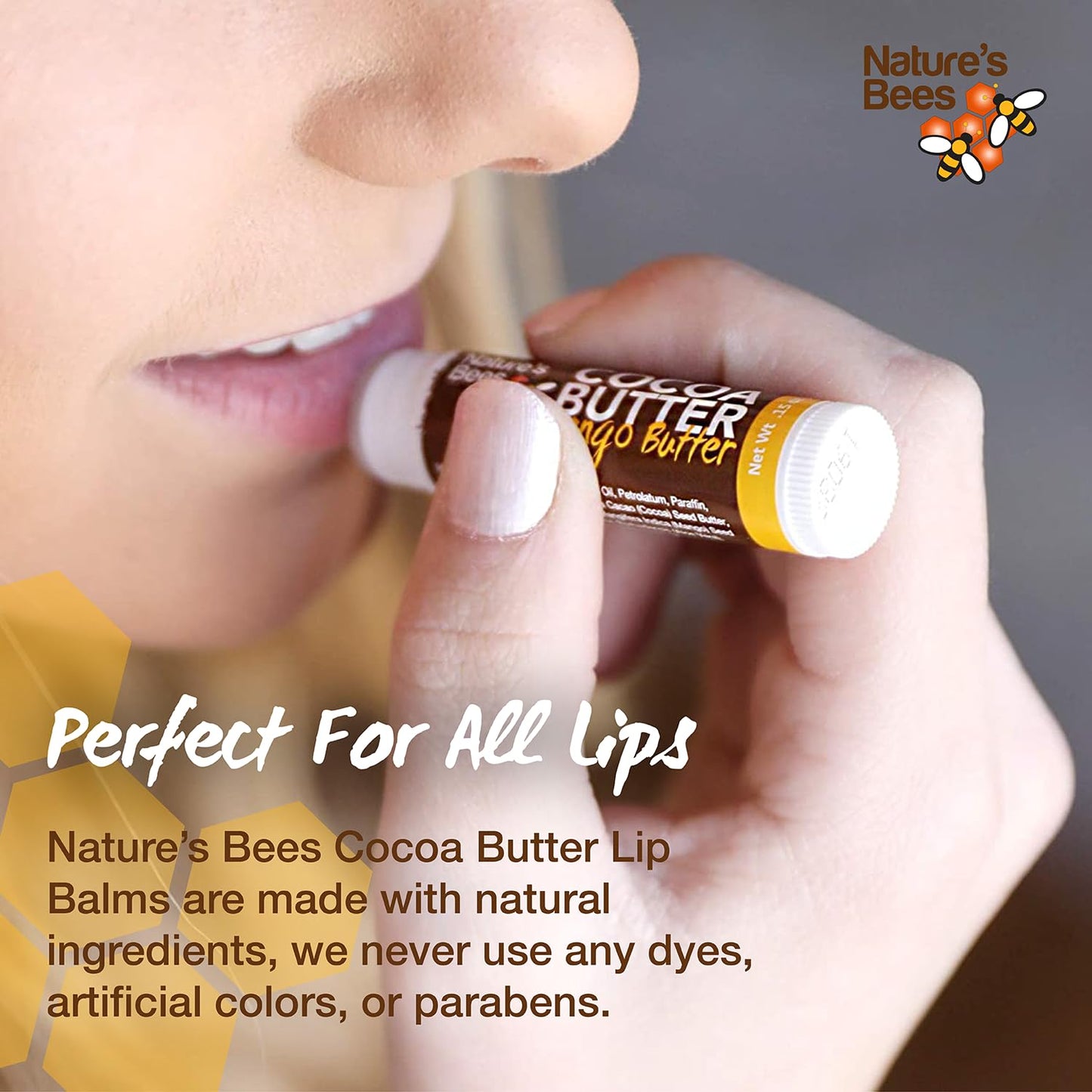 Nature's Bees Cocoa Butter Lip Balm, Lip Care for Dry Lips, Made with Coconut Oil, Beeswax, Vitamin E, Aloe, and Shea Butter, 0.15 oz Each, 4 Flavors, Citrus, Coconut, Cherry, and Mint, 24 Pack