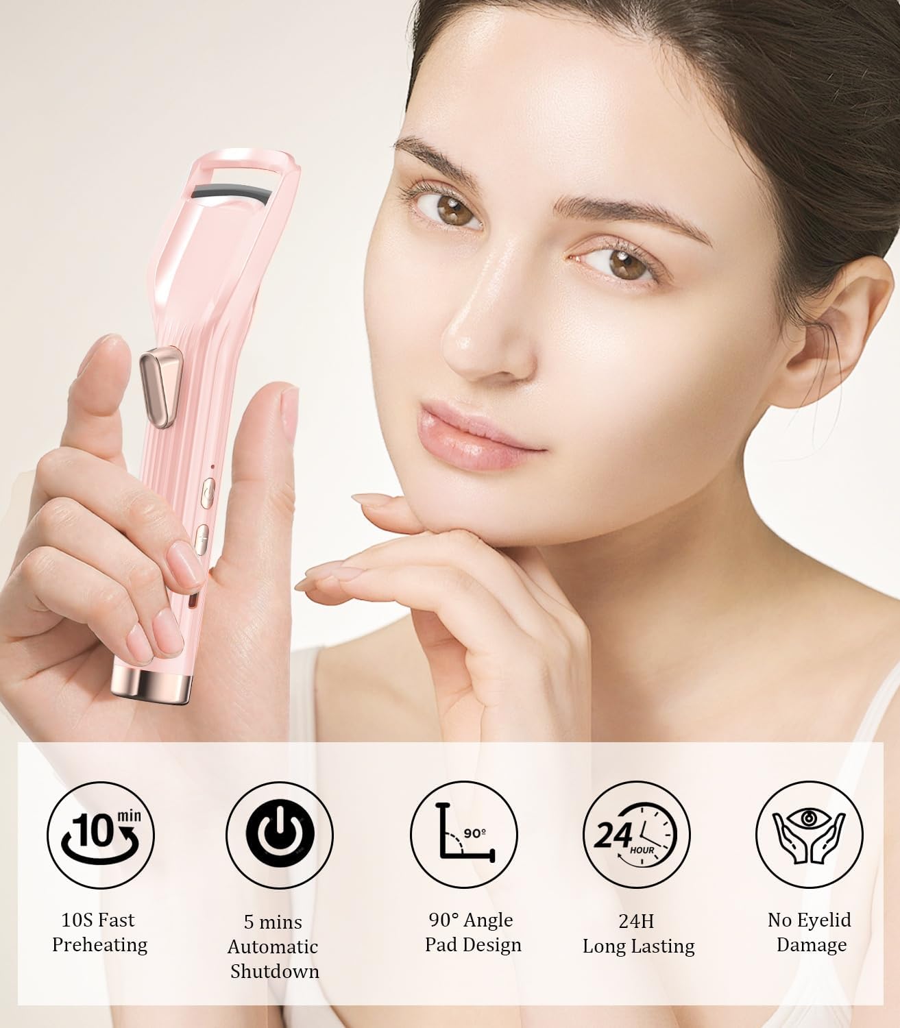 Heated Eyelash Curler Premium PRO - Fast Heat up in 8s - 24 Hours Long Lasting - Rechargeable Electric Eyelash Curler with Type-C, Innovative L Silicone, 2 Heat Modes, Anti-Burn Eyelid, Pink-DB