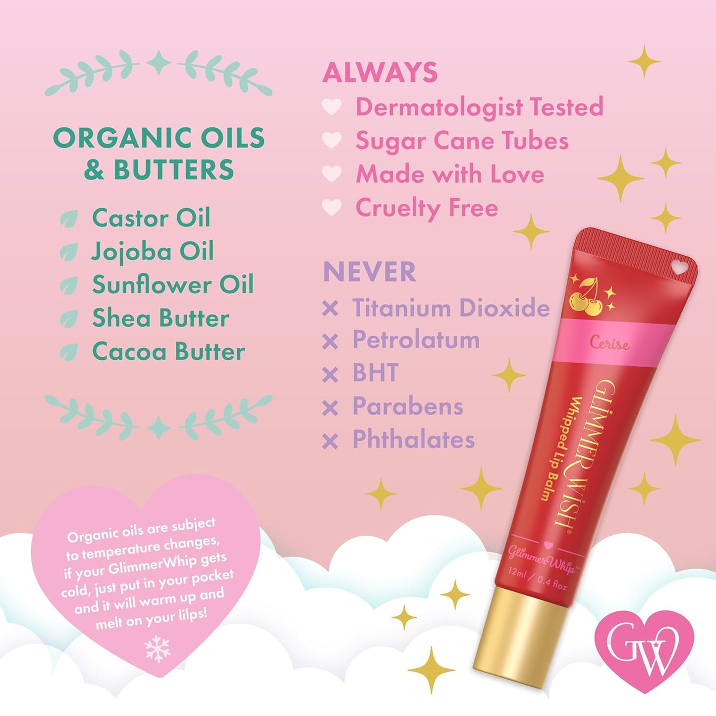 Glimmer Wish Glimmer Whip Hydrating Lip Balm – Organic Castor & Jojoba Oils, Shea & Cocoa Butters – Vegan, Non-Toxic, Moisturizing Lip Care (Cerise)