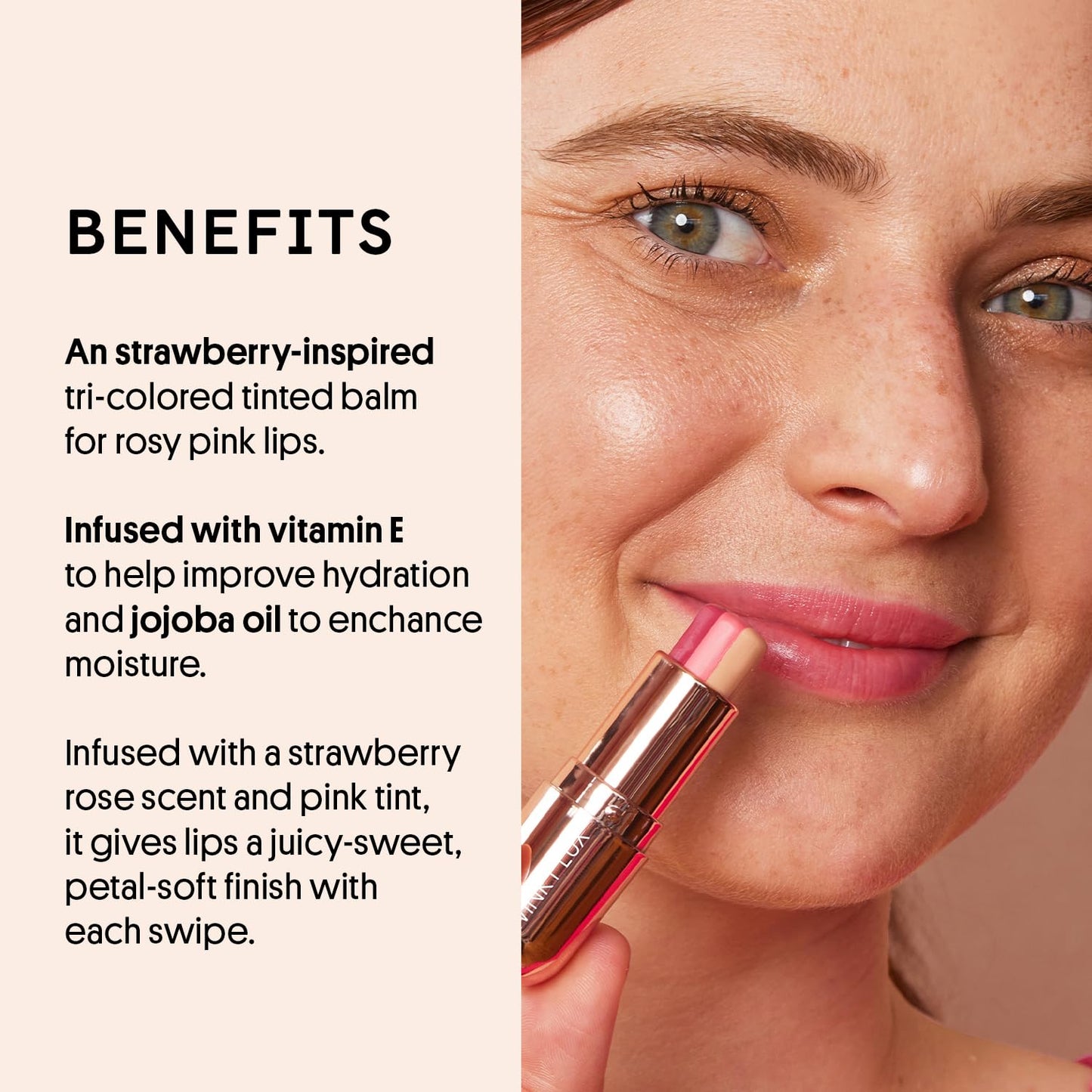 Winky Lux Strawberry Rose Tri-Color Tinted Lip Balm – Hydrating Lip Balm, Sheer Pink Tint, Lip Care with Jojoba Oil & Vitamin E, Moisturizes & Softens Dry Lips, Buttery Soft with Strawberry Rose Scent