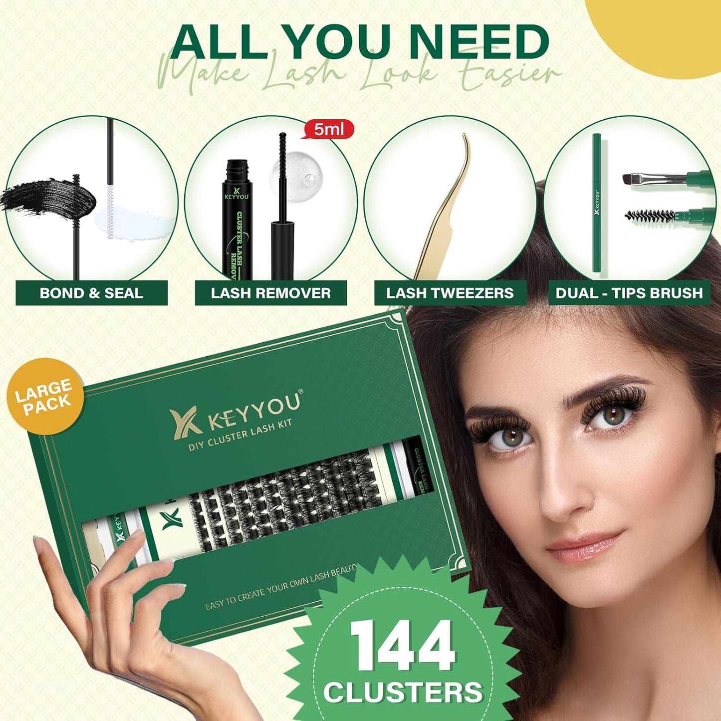 DIY Lash Extension Kit KEYYOU 144pcs Lash Clusters Eyelash Extension Kit with Mascara Brush Bond and Seal Lash Glue Remover Lash Applicators Lash Brush for DIY Lash Extensions (Y03 Kit)