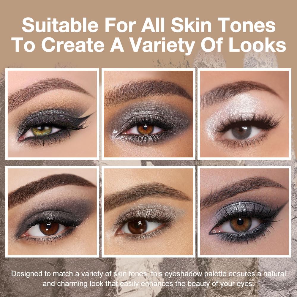 Kaely 6 Colors Mini Smoky Eye Shadow Palette Makeup, Black Grey White Silver Glitter Shimmer Smokey Eye Eyeshadow Palette for Older Women Pigmented Waterproof, Goth Halloween Makeup, Cruelty-free 02