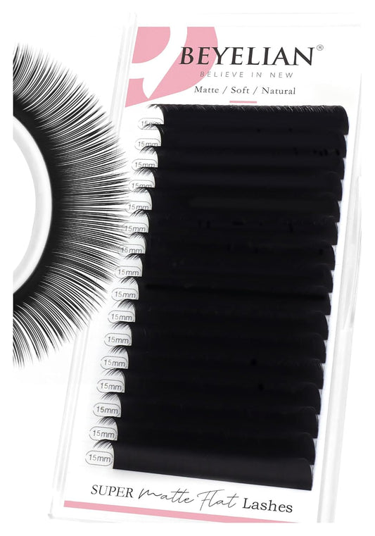 BEYELIAN Flat Eyelash Extension, Ellipse Lash Extensions 0.20 D Curl 15mm 16 Rows Matte Black Eyelash Extension Supplies Classic Lash Extensions Individual Eyelashes Salon Use